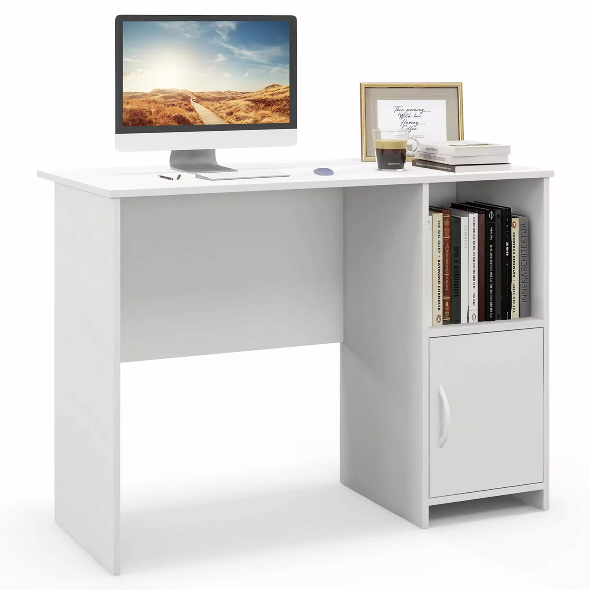 Costway Modern Computer Desk Cabinet Cable Holes and Open Shelf Storage