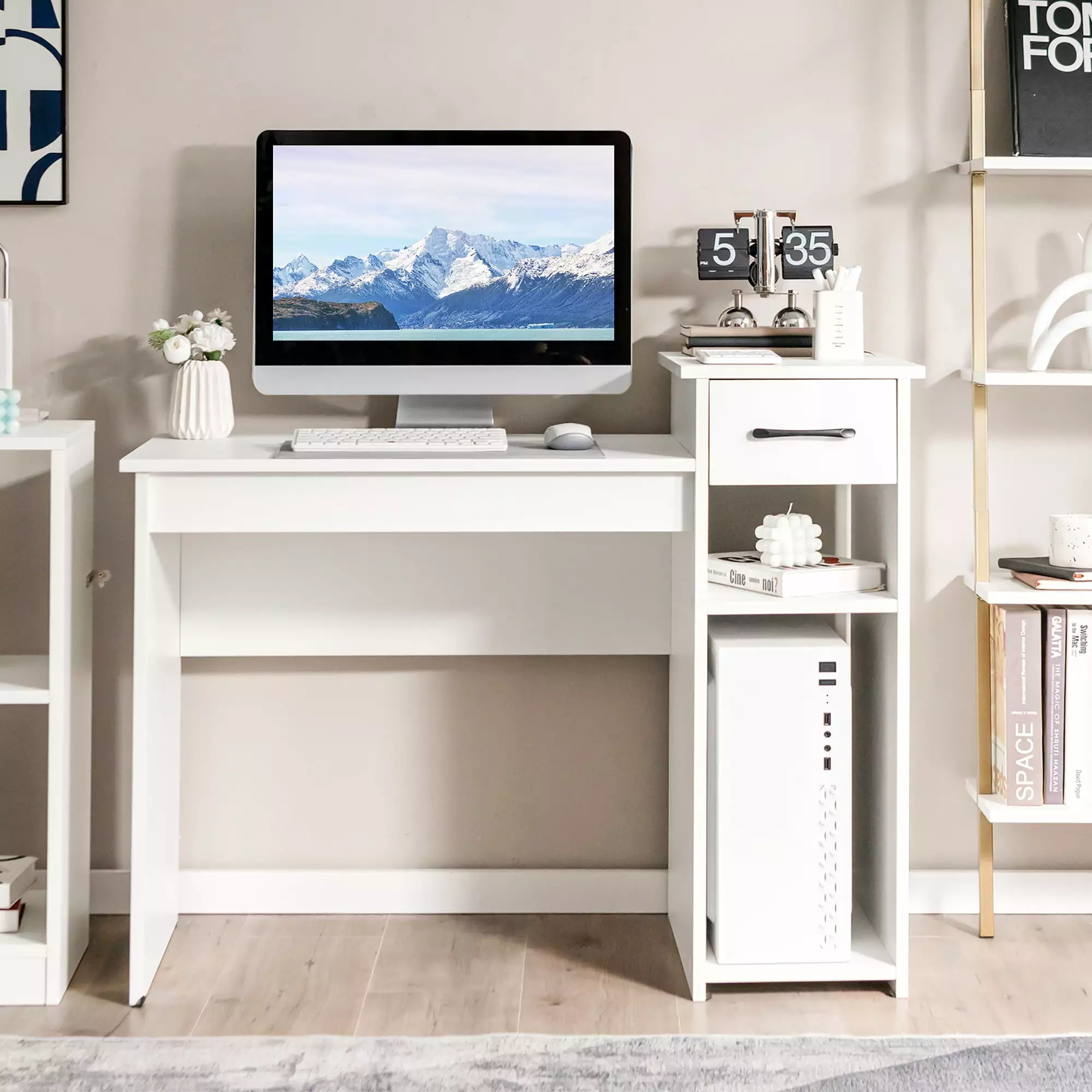 Costway White Computer Desk Drawer and Shelf - Compact Home Office