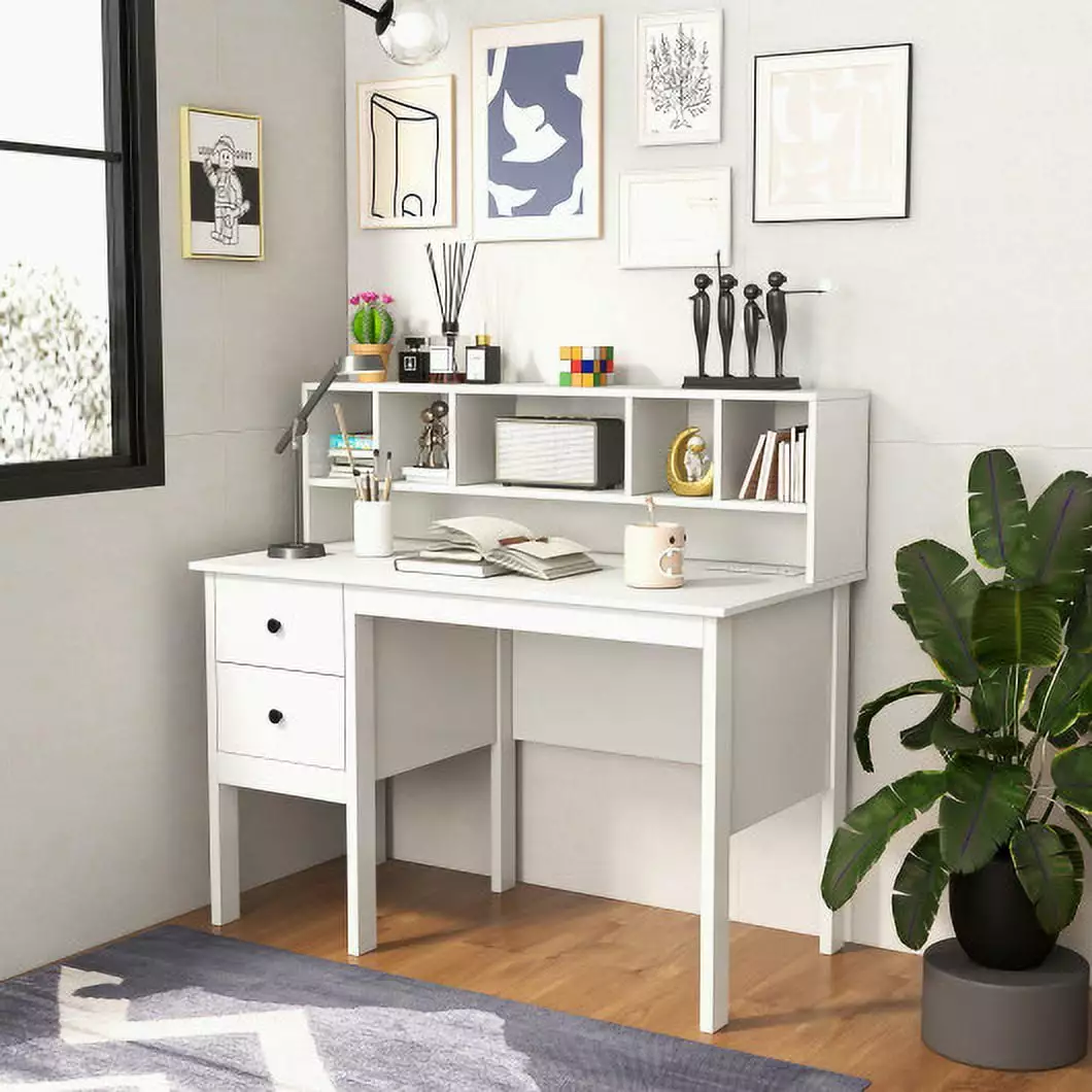 48 Inch Computer Desk Drawers Power Outlets and 5 Cubby Hutch Office Desk CostwayINC