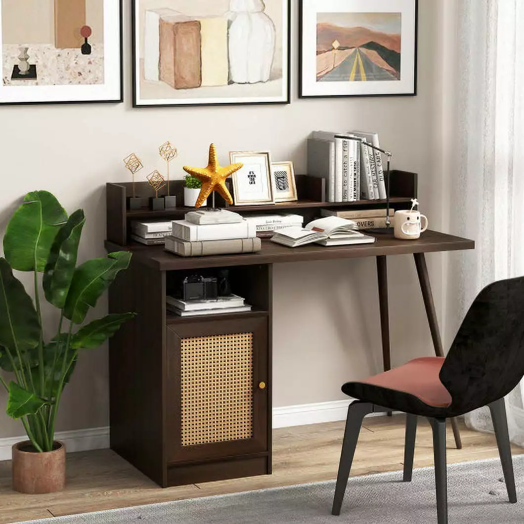 48 Inch Computer Desk Hutch and PE Rattan Cabinet Shelves Walnut CostwayINC