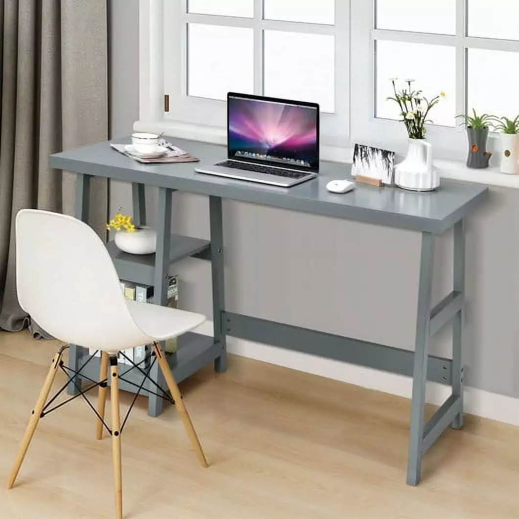 Wooden Trestle Computer Desk - Gray 2-Tier Removable Shelves Study Table Home Office CostwayINC