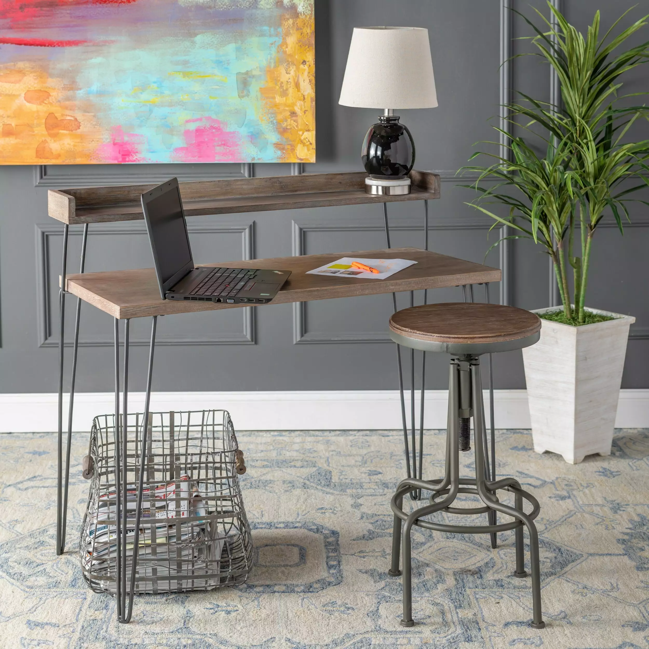Cody 2 Tier Brown Fir Wood and Metal Desk Home Office Crestview Collection
