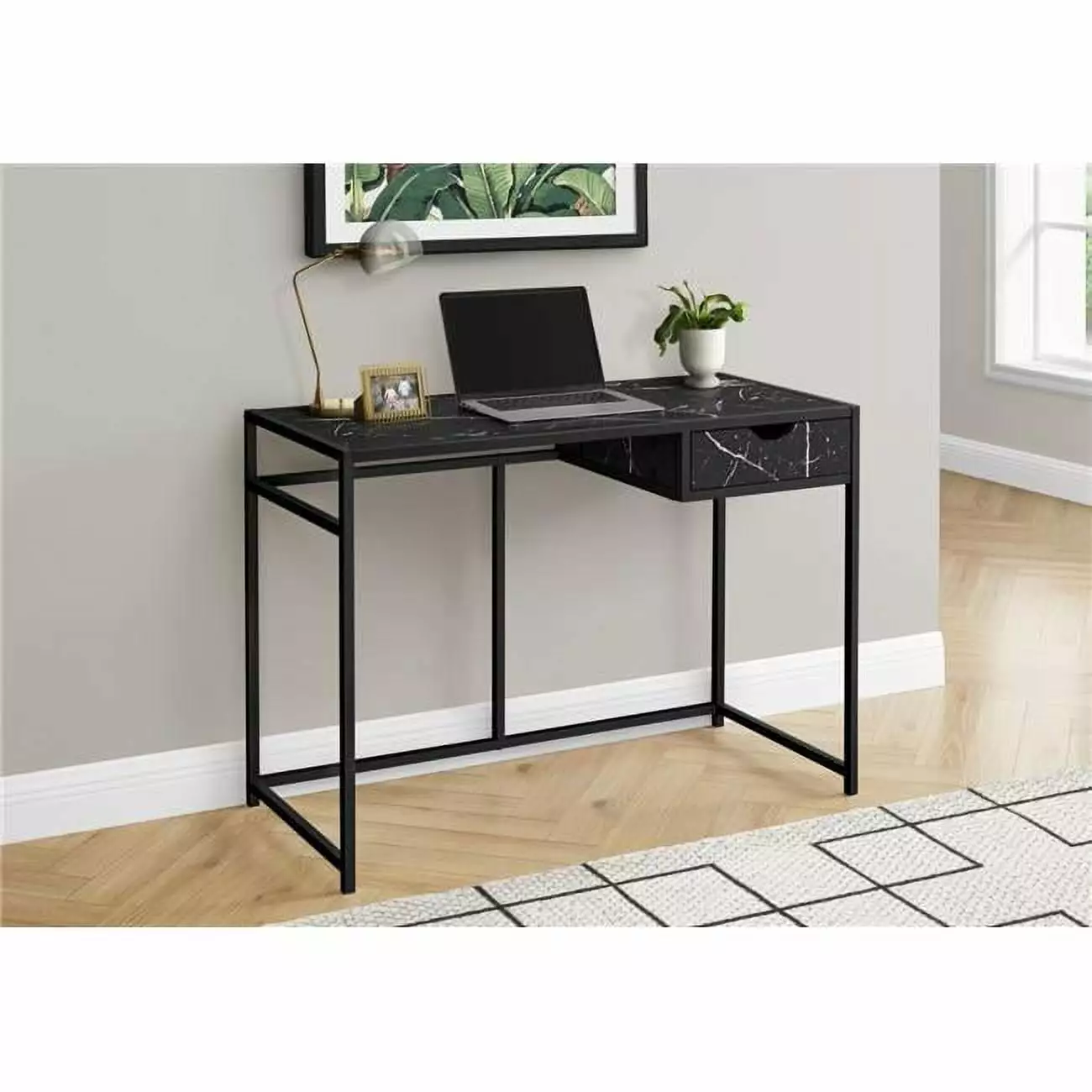42 Inch Black Metal Computer Desk Marble-Look Top Home Office Daphne's Dinnette