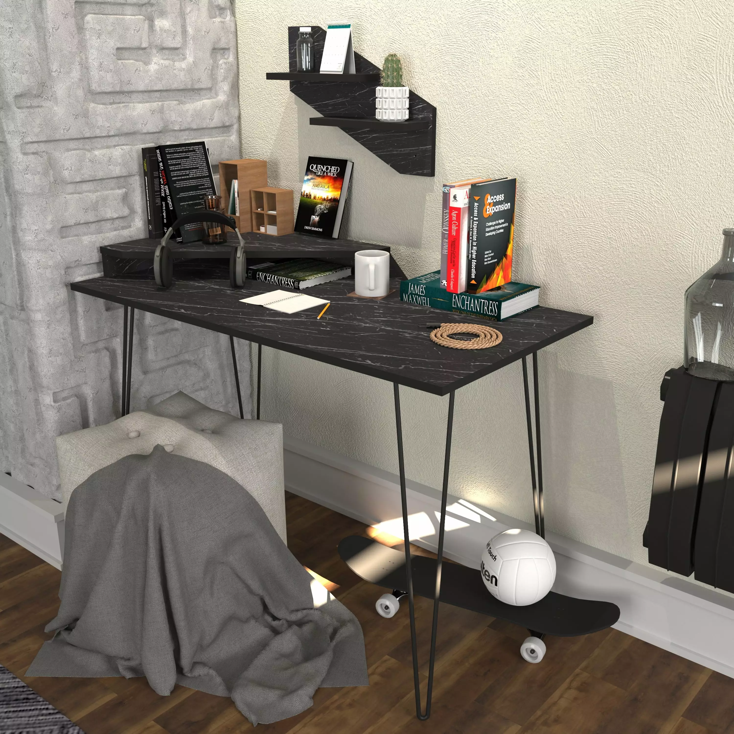 Decorotika Desalvo 47 Inch Black Melamine Computer Desk Shelves Home Office