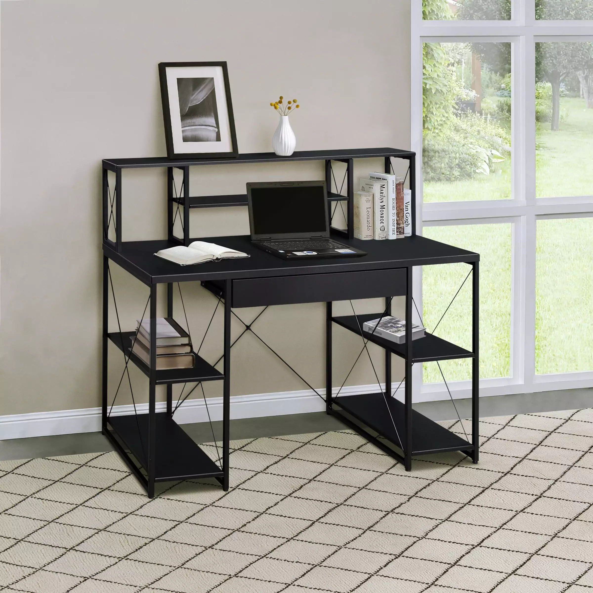 DeeHome Black Office Desk Open Shelves and Hutch Workstation