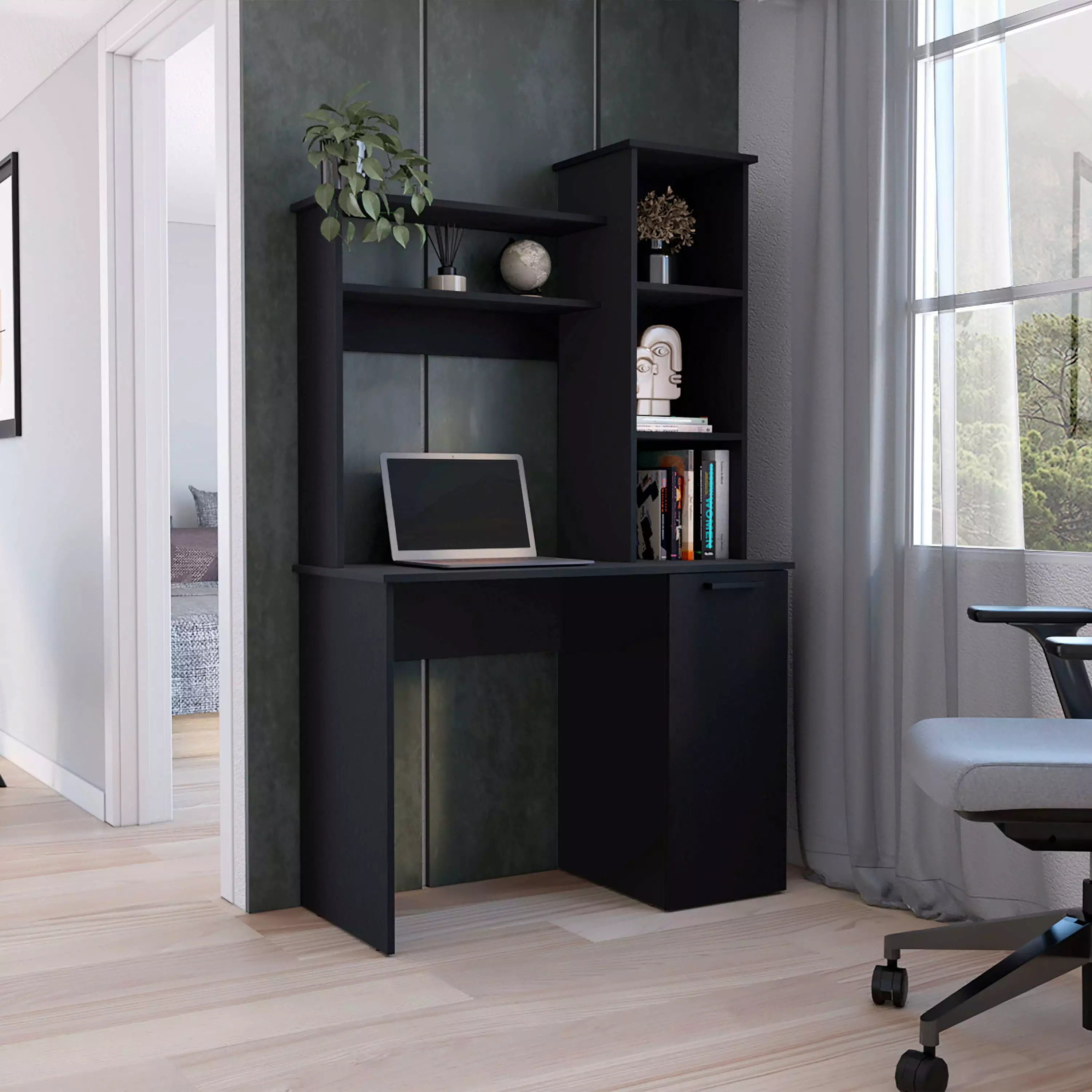 DeeHome Muncy Computer Desk Ample Work Surface Hutch Storage and Single Door Cabinet White