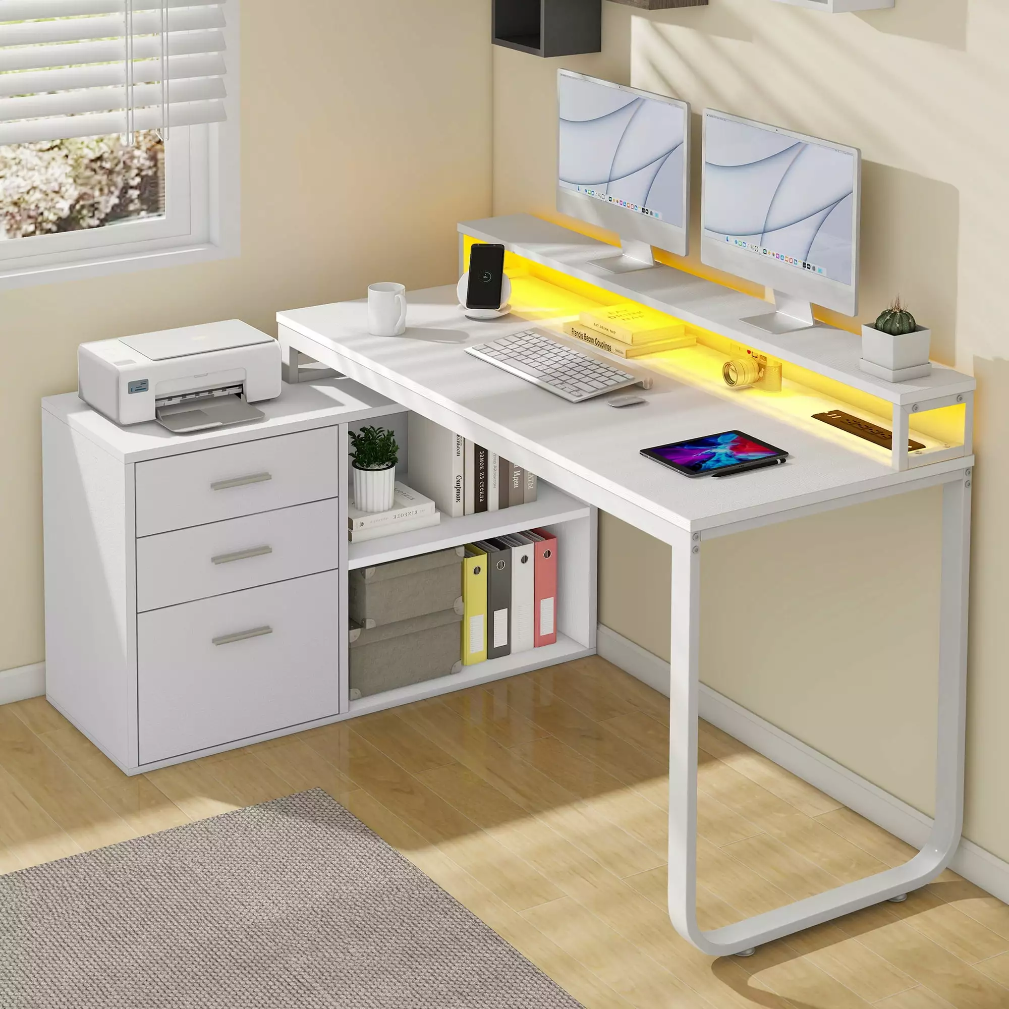 Dextrus 55 Inch L Shaped Computer Desk Power Outlets LED and File Cabinet White