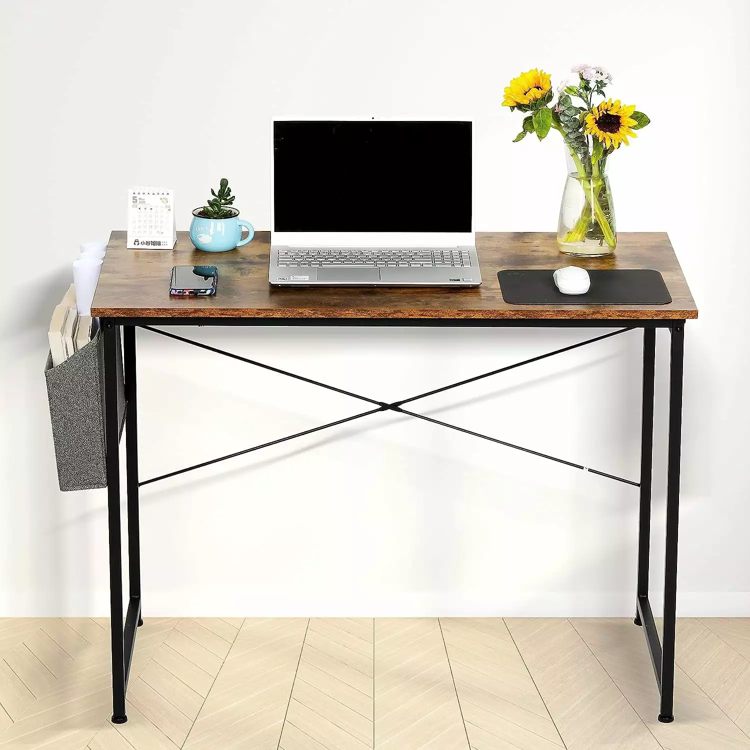 DLPIN Computer Desk 40 Inch Small Study Desk Modern Simple Style Worktable Storage Bag Brown