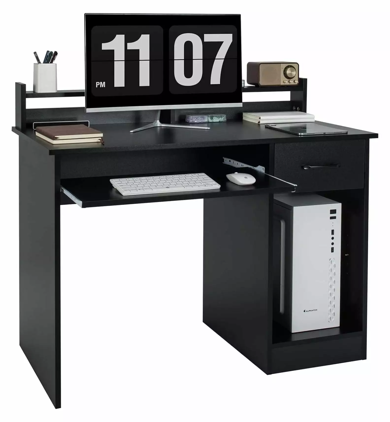 Drevy Computer Desk Hutch Adjustable Shelf Keyboard Tray Black Home Office