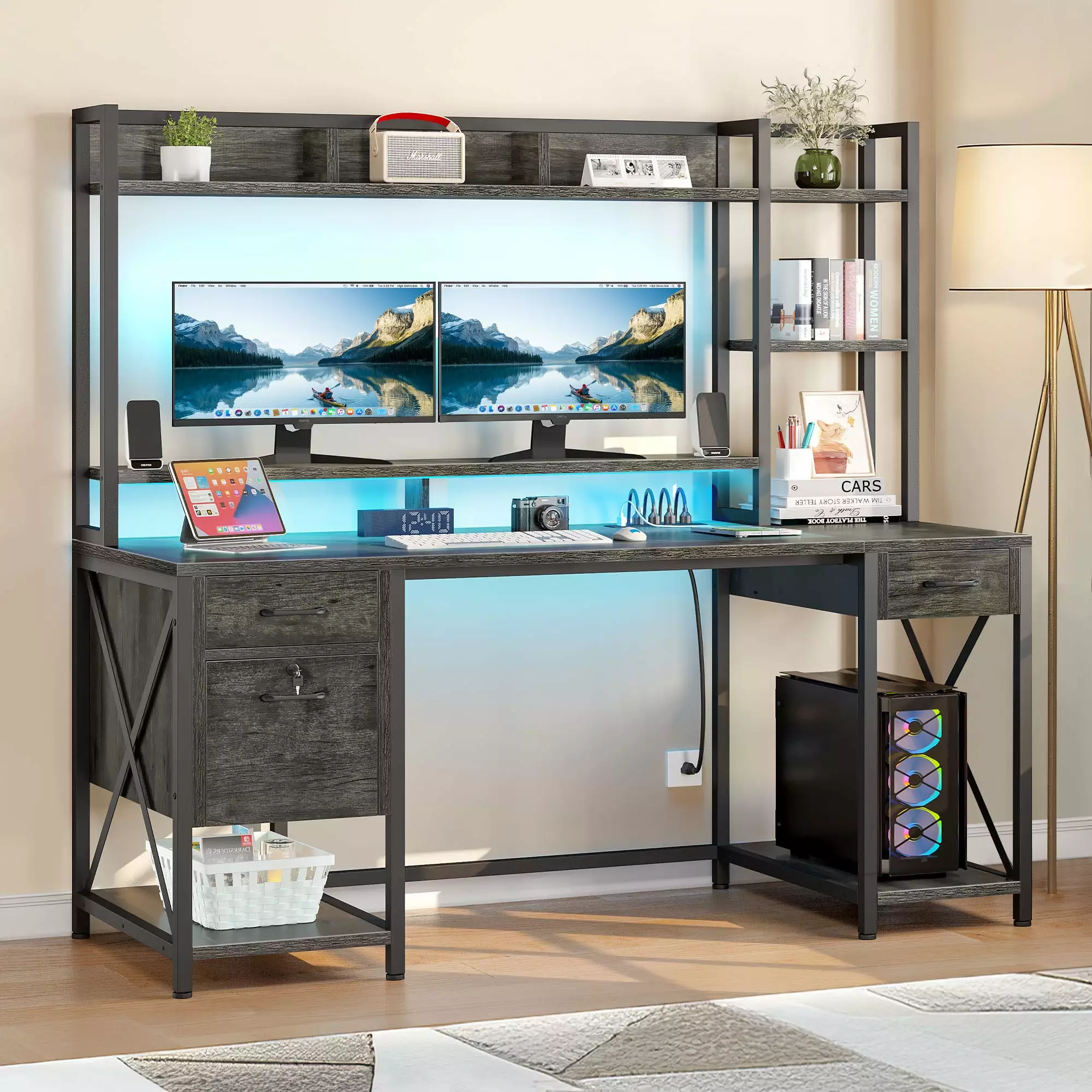 DWVO 59.1 Computer Desk Power Outlets Hutch Storage Drawers LED Lights Monitor Stand Gray Gaming Office Desk