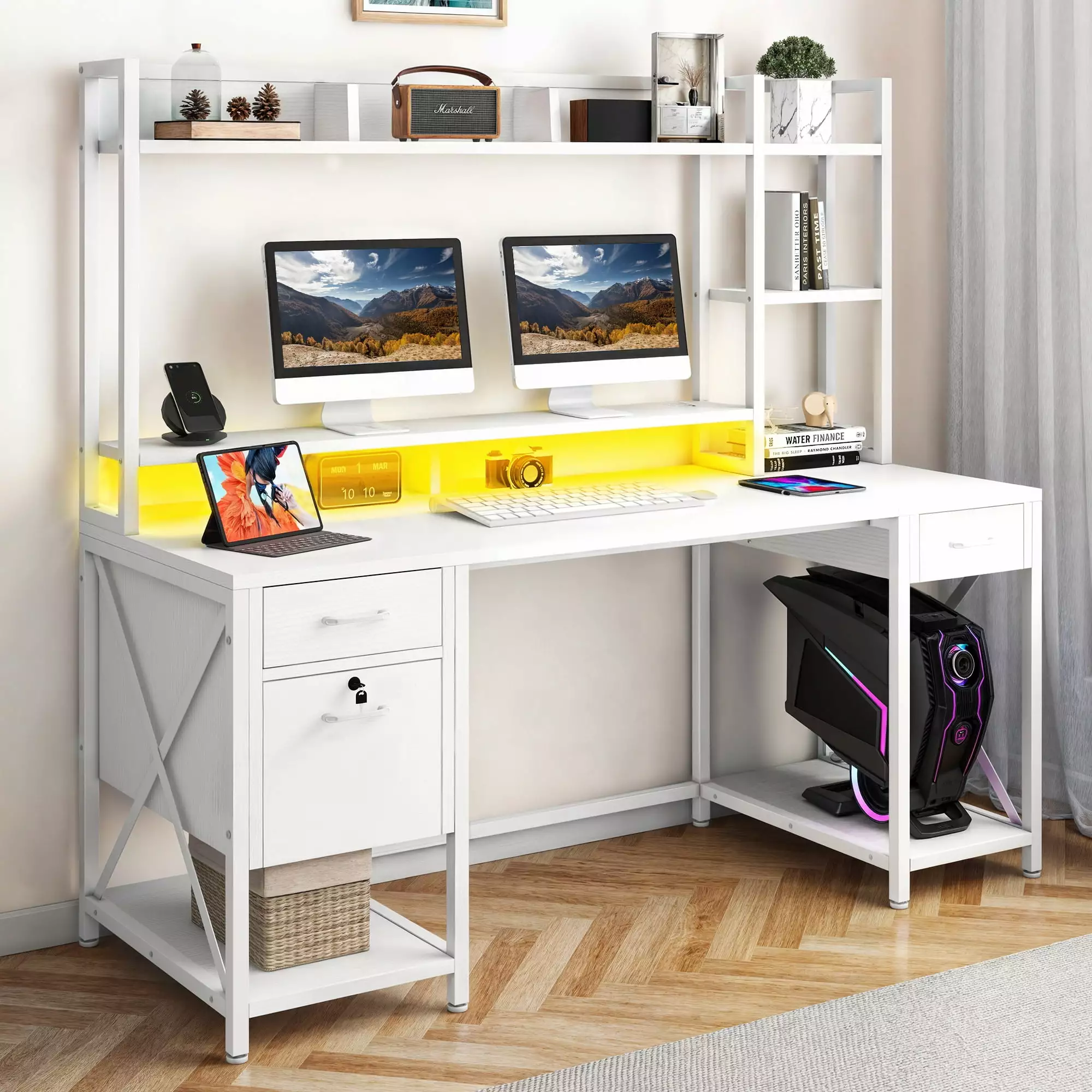 DWVO 59.1 Inch Office Desk Power Outlets Hutch and LED Lights