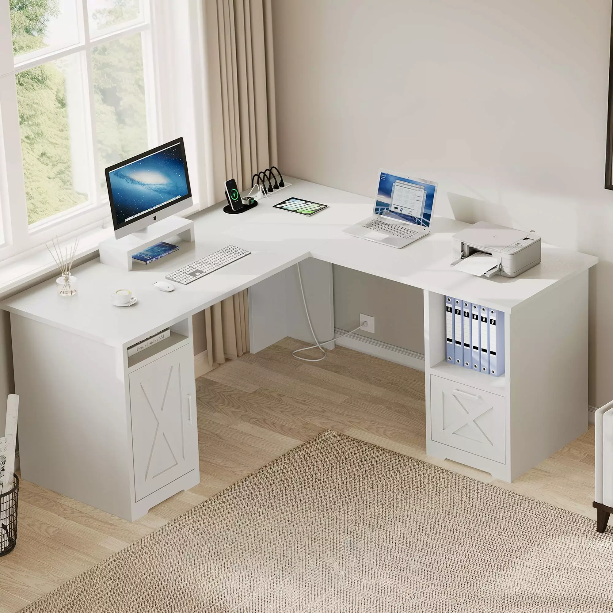 DWVO 59 Inch L-Shaped Desk Power Outlet & USB Ports Office Desk File Cabinets Large Computer Desk