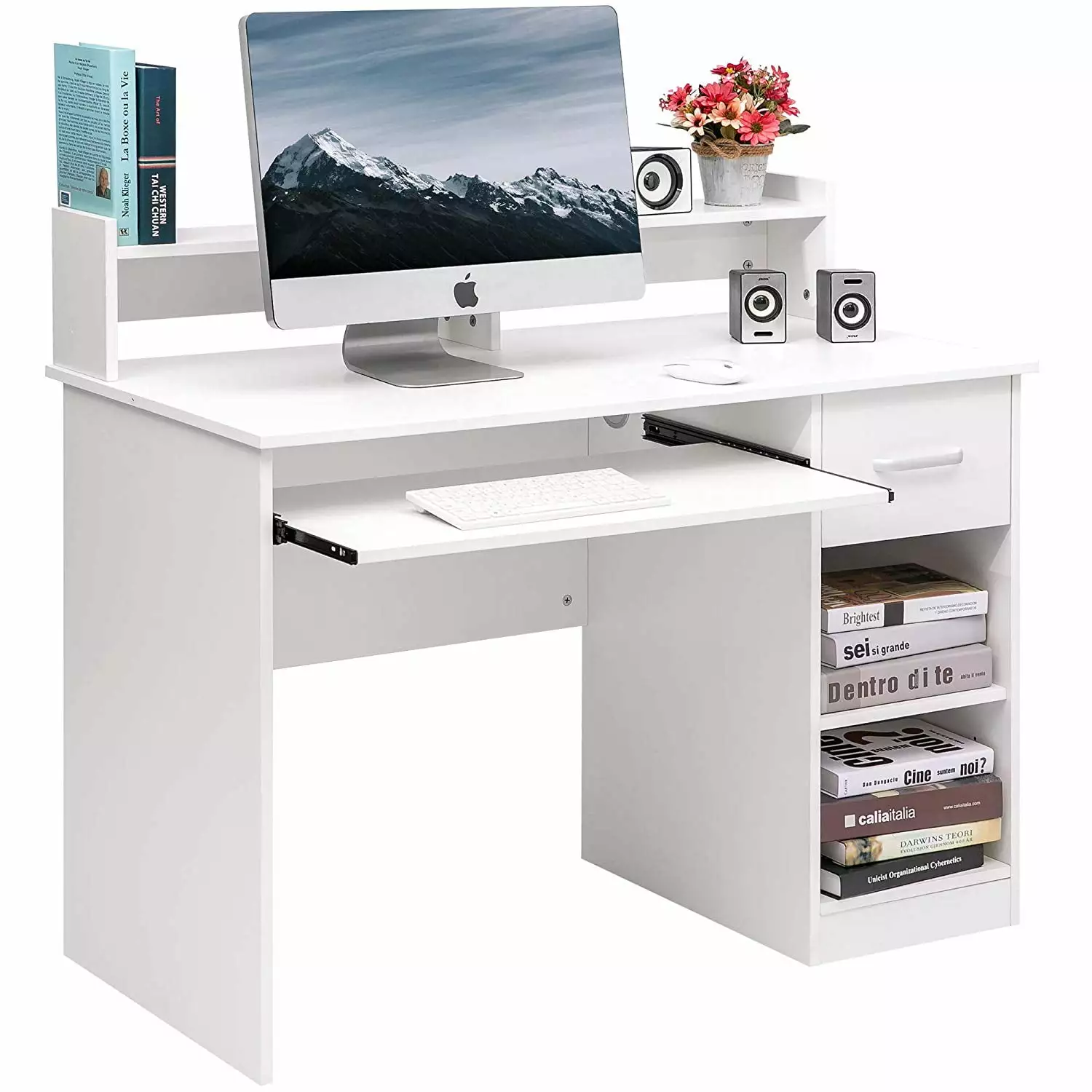 EasingRoom White Wood Computer Desk Drawer and Keyboard Tray Home Office