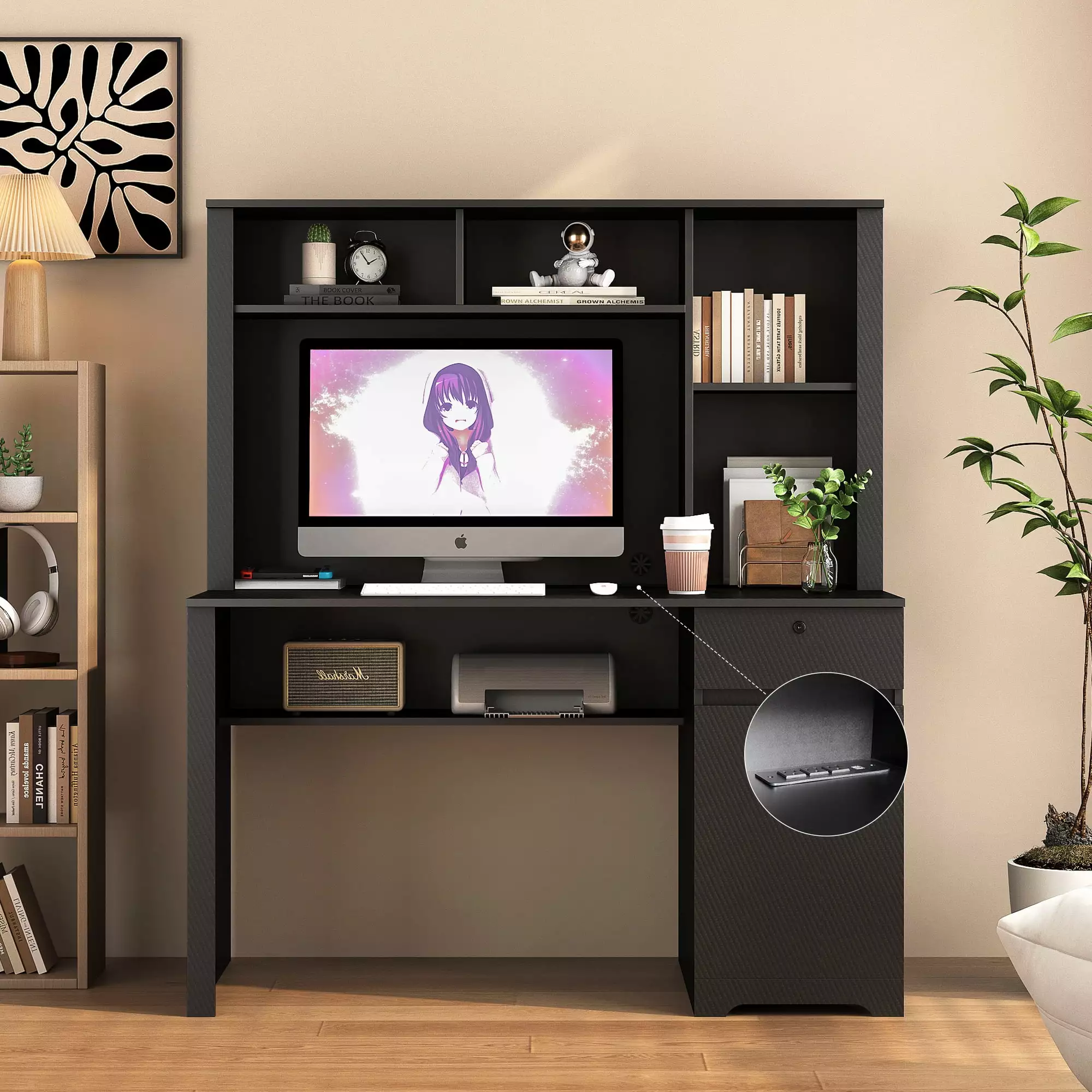 ETEPON Hutch Computer Desk Shelves Drawers 3 AC Outlets 2 USB Ports Black