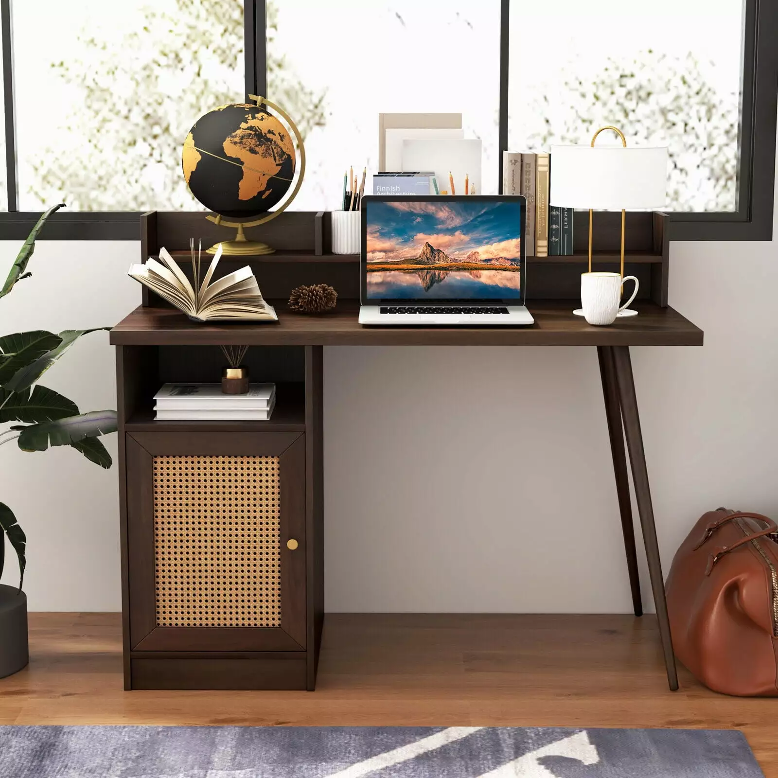 Exdeerjoy 48 Computer Desk Kitchen Cabinet PE Rattan Cabinet and Shelf Solid Rubberwood Legs