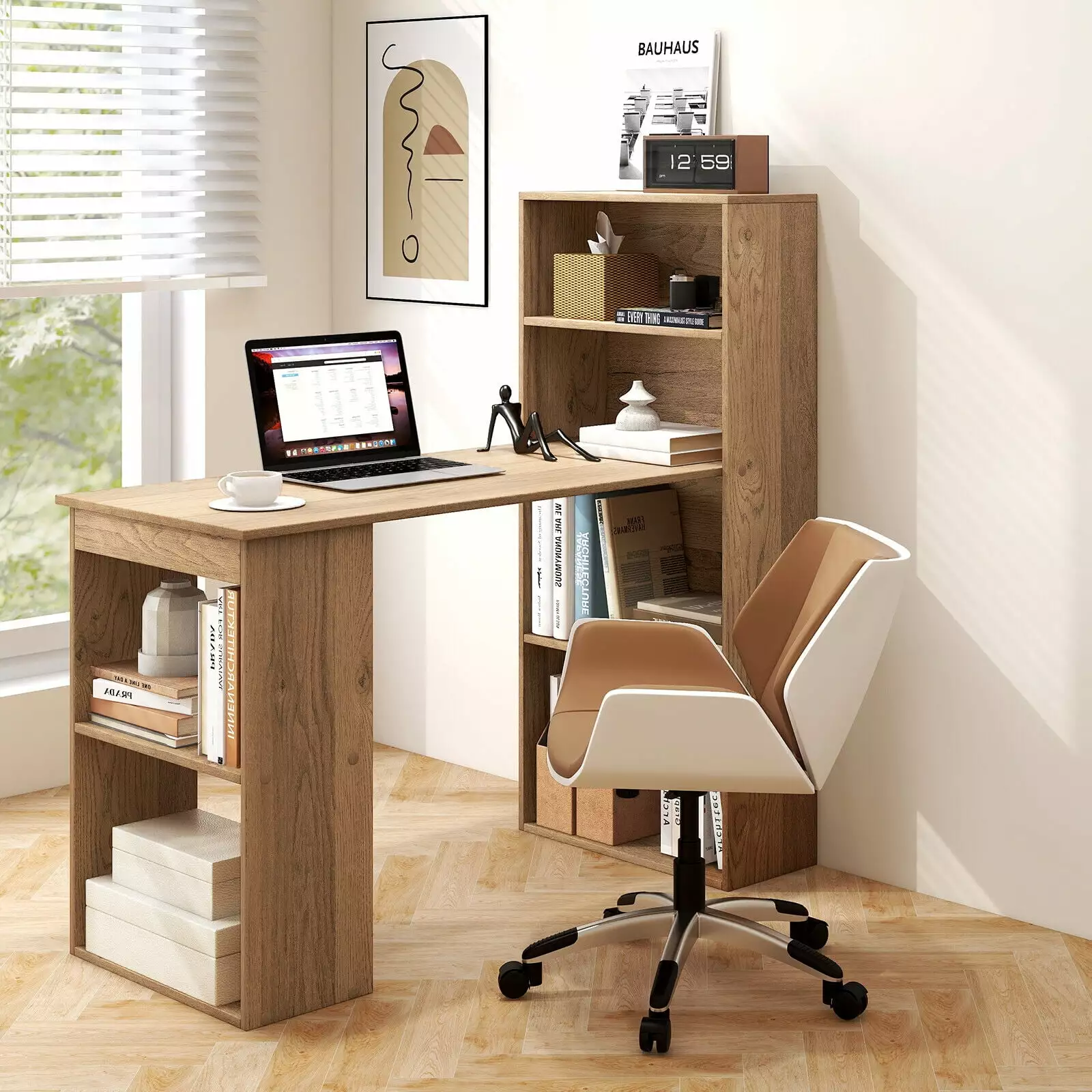 Exdeerjoy 48 Inch Computer Desk Bookcase Home Office Workstation 4 Shelves and CPU Holder Space Saving Gaming Table Writin...