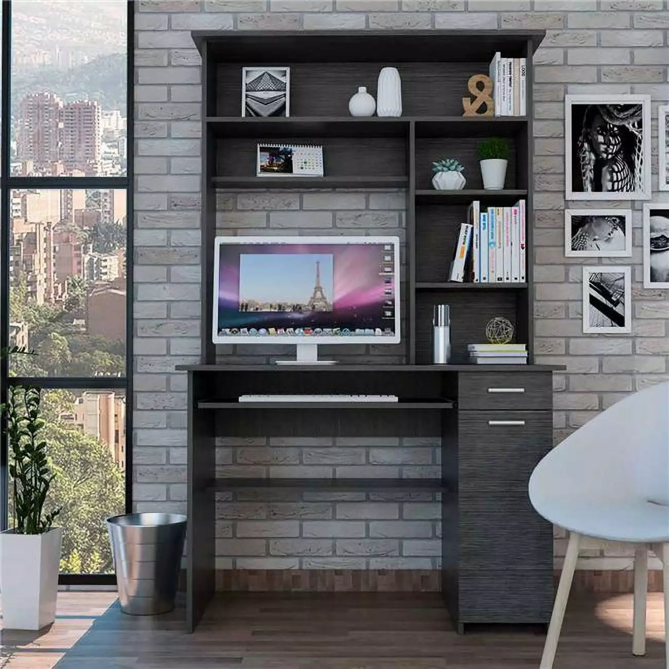 Zeno Gray Oak Computer Desk Hutch Fancy Fixtures