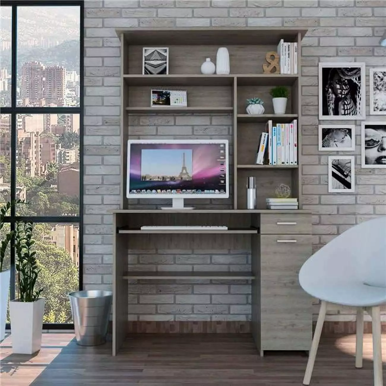 Zeno Light Gray Computer Desk Hutch Fancy Fixtures