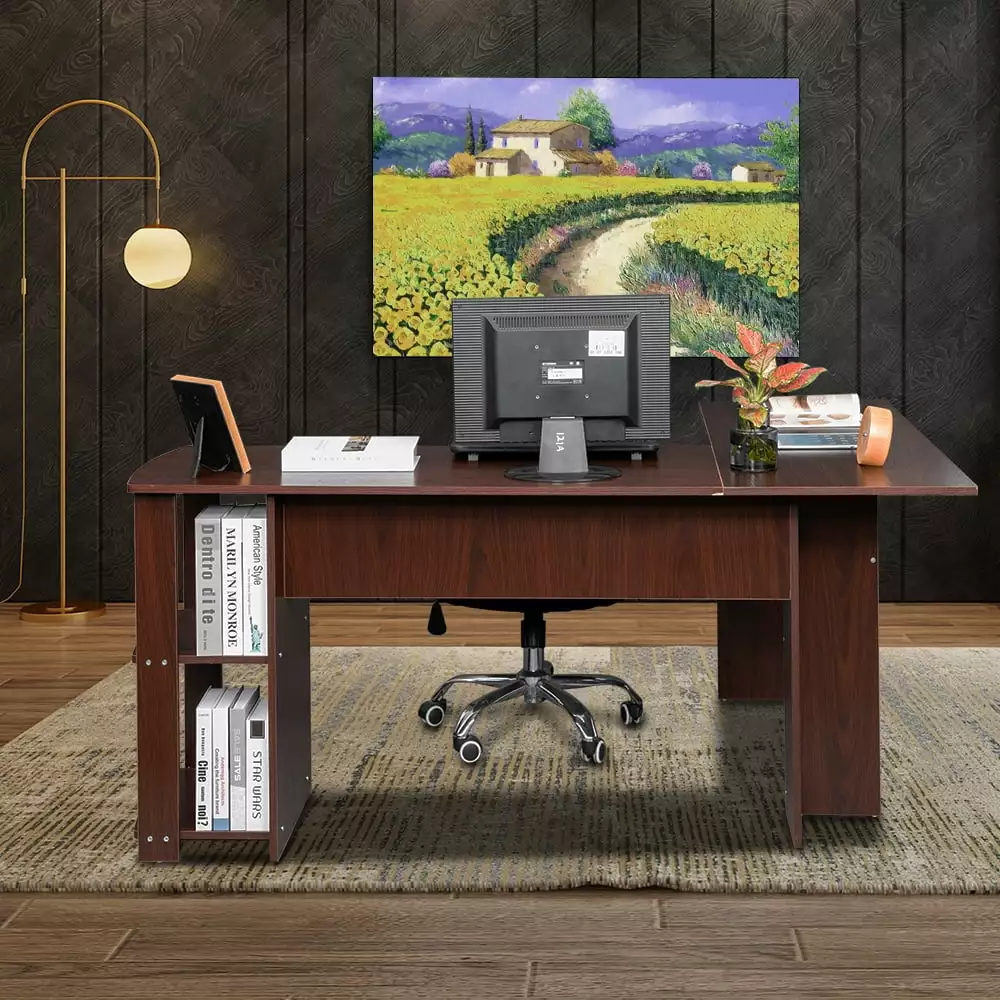 L Shaped Wood Right Angle Computer Desk Two Layer Bookshelves Fantadool