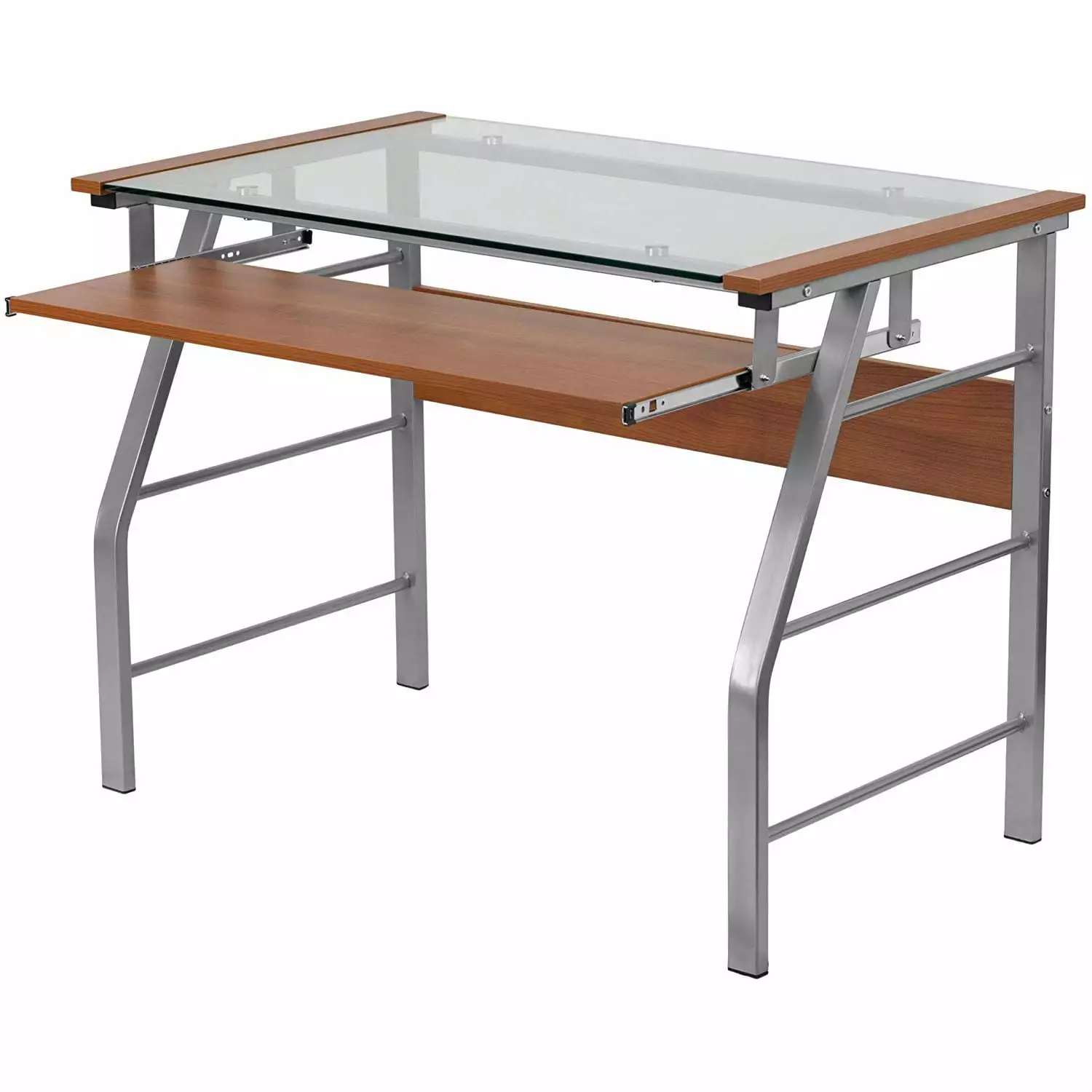 Contemporary Tempered Glass Top Computer Desk Cherry Keyboard Tray Fast Furnishing