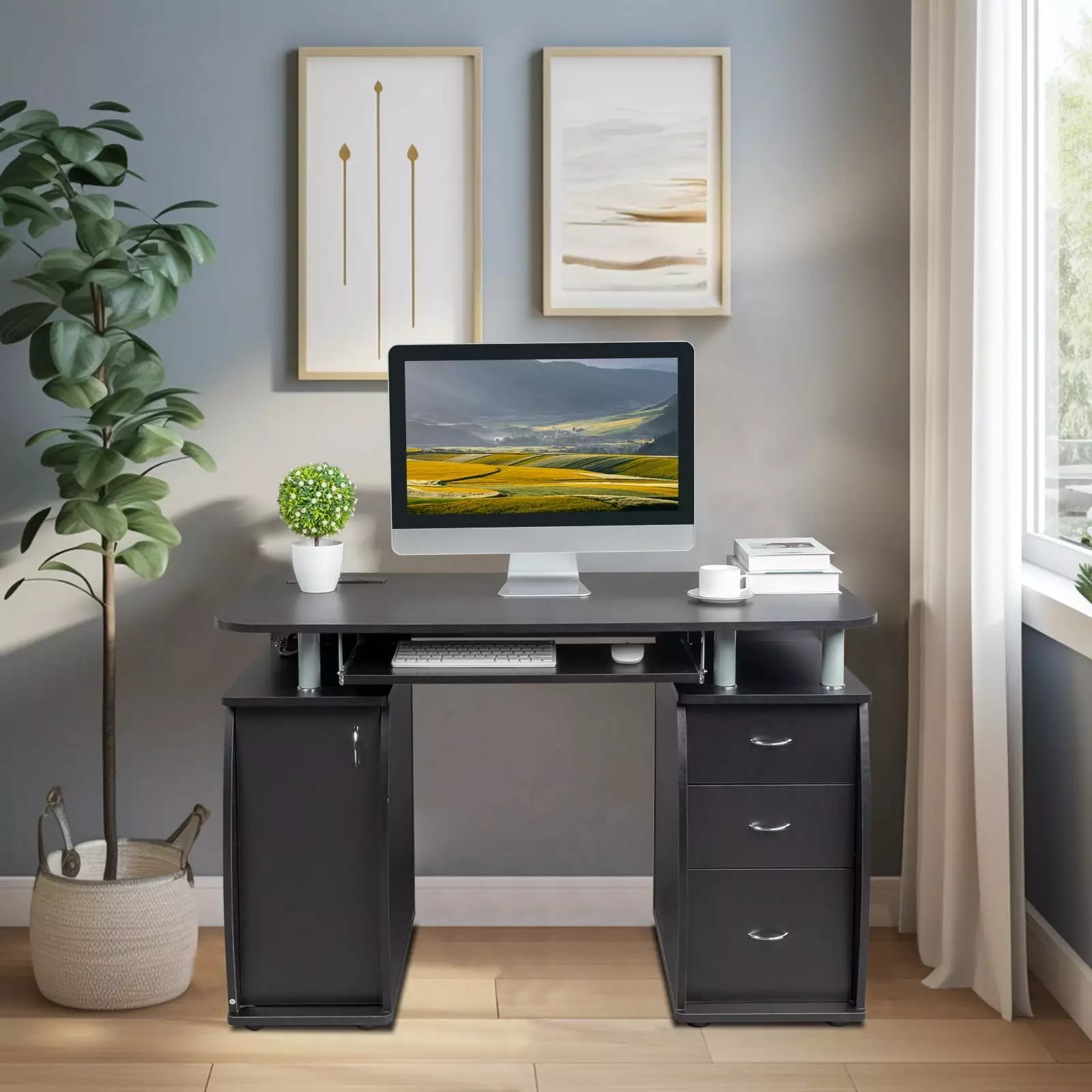 GoDecor 1pc Door 3pcs Drawers Computer Desk 15mm MDF Portable Multipurpose Study Workstation Office Desk Black FCH
