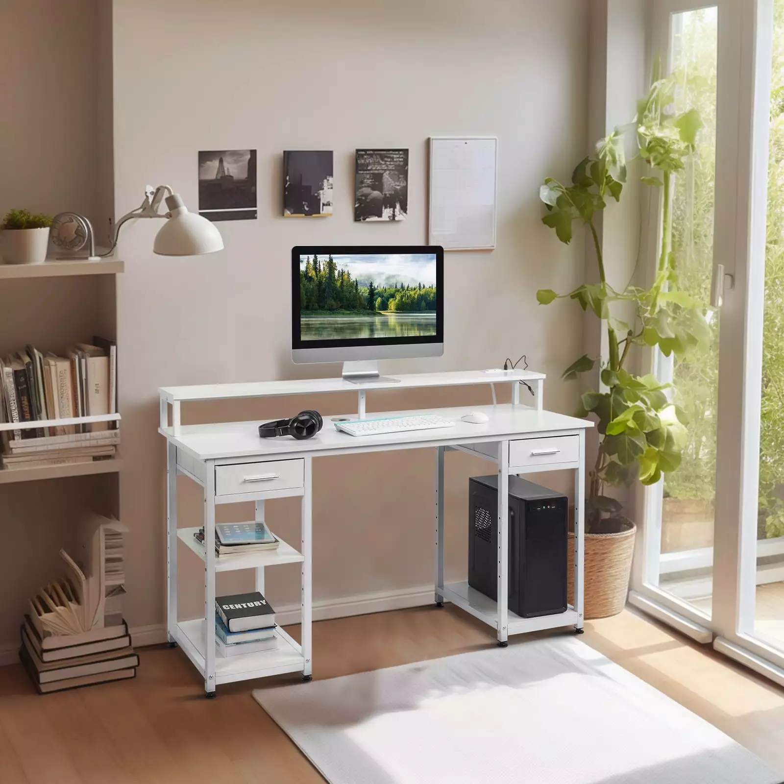 SamyoHome Computer Desk 2 Drawers 3 Shelves 2 Power Outlets USB White FCH
