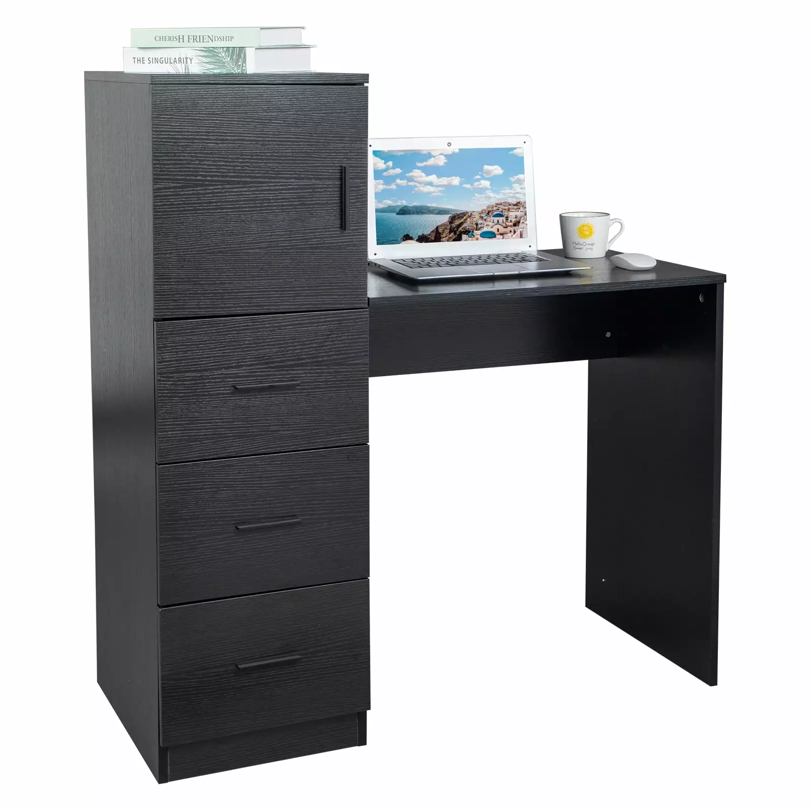 SamyoHome Computer Desk 2 Power Outlets and USB - 5 Drawers Study Writing Table Black FCH