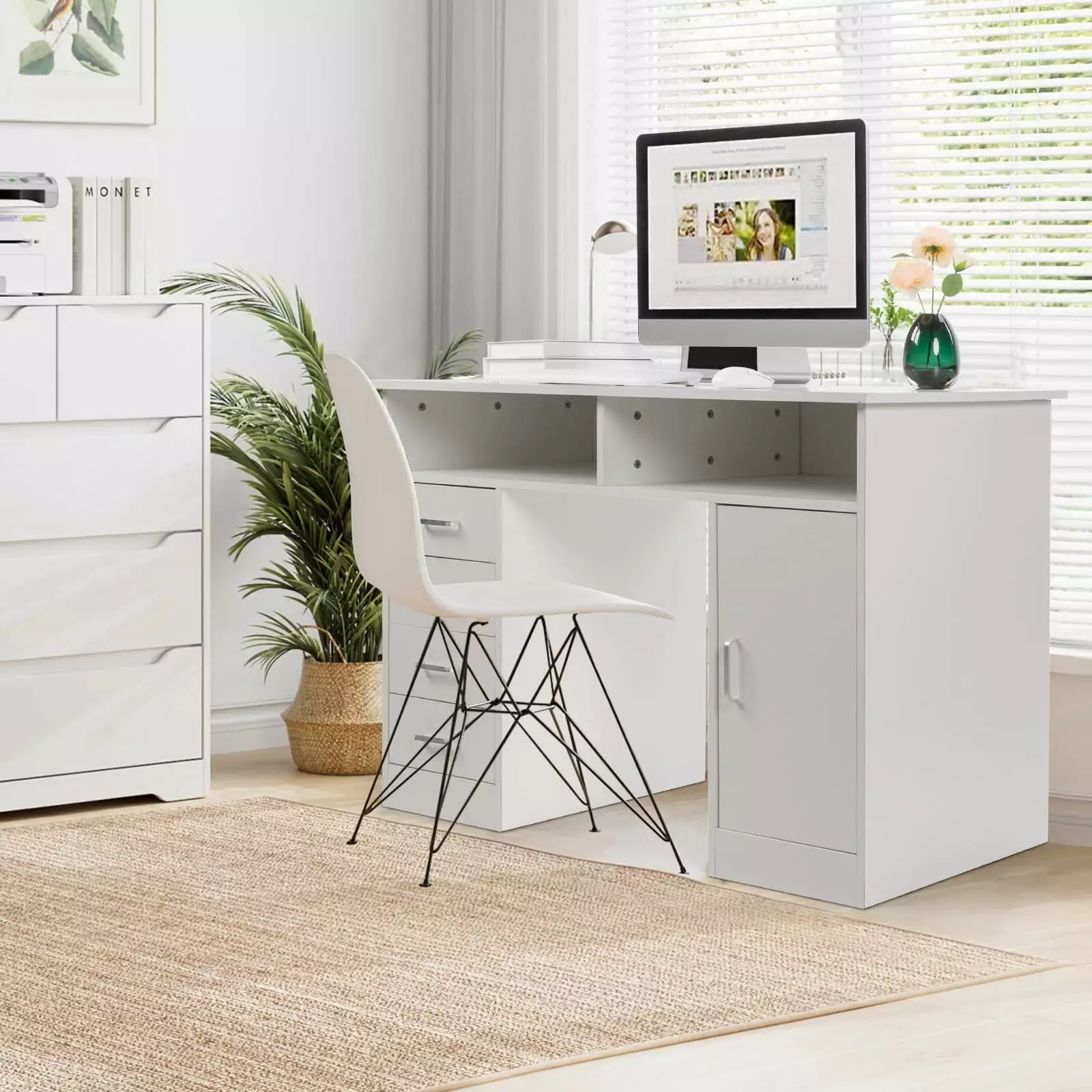 SamyoHome White Chipboard Computer Desk Drawers and Cabinet Gaming Study Table FCH