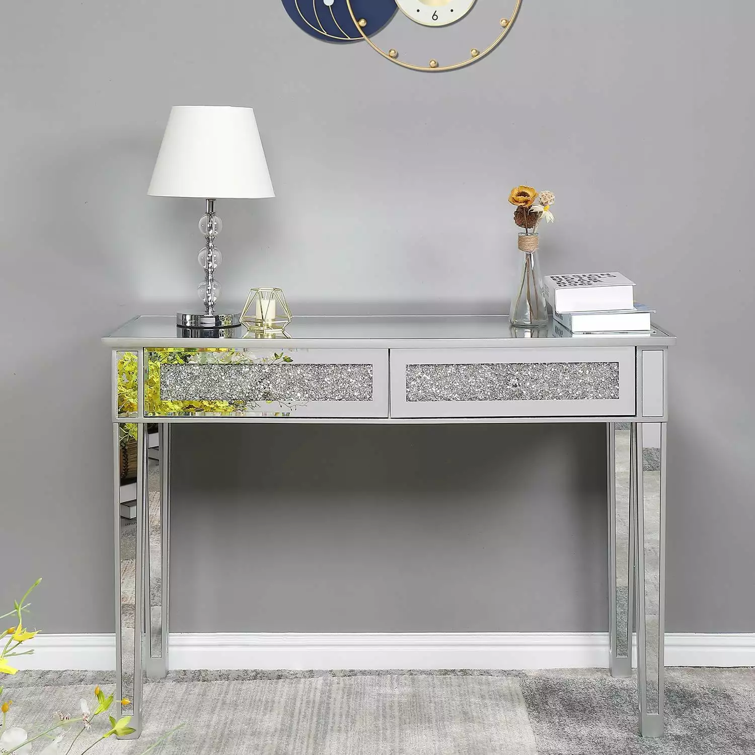UBesGoo Computer Desk Mirrored Surface Laptop Table Study Desk 2 Broken Glass Style Drawers Silver FCH