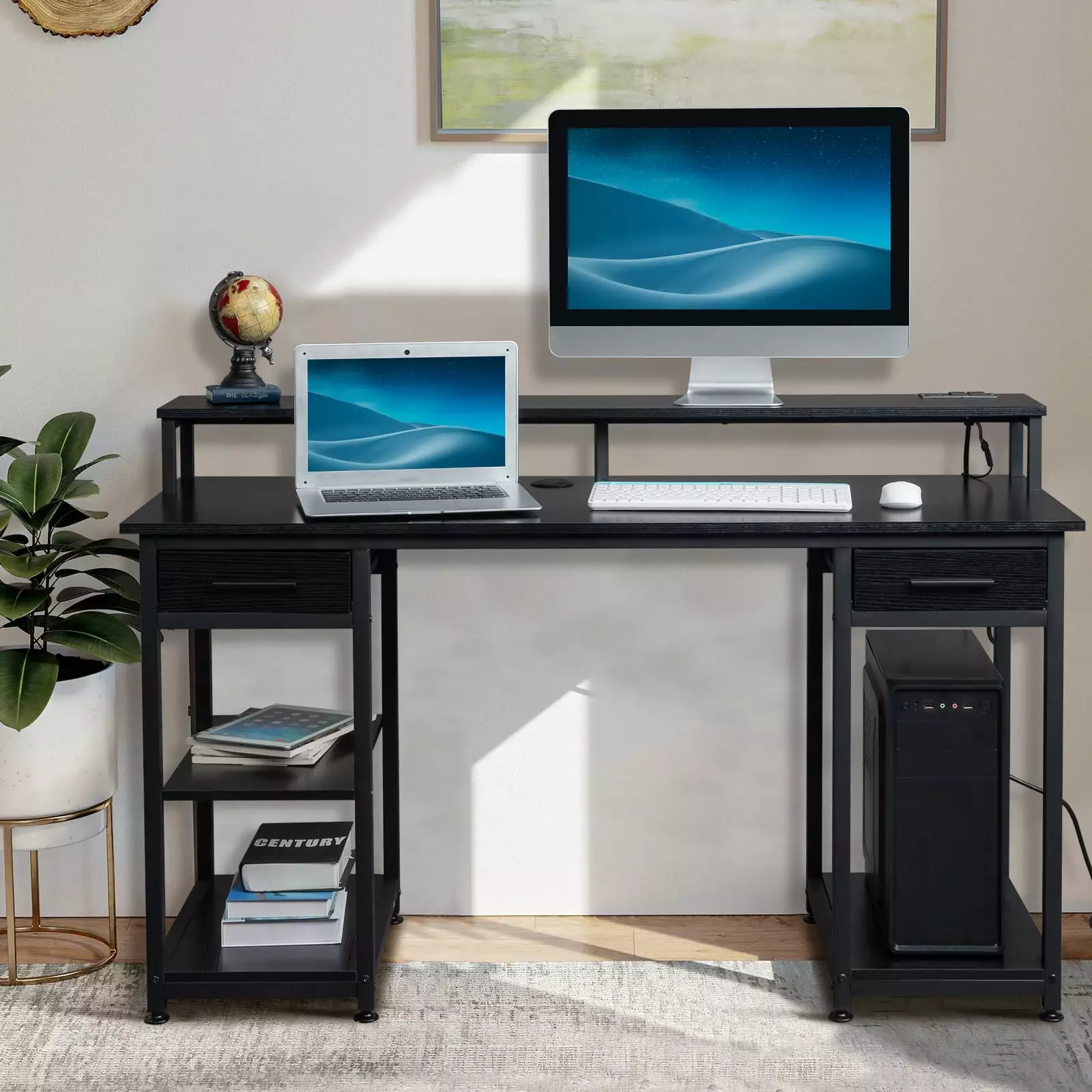 Zimtown Computer Desk 2 Power Outlets USB Adjustable Lighted Study Writing Table Large Desktop 2 Drawers 3 Shelves Black FCH