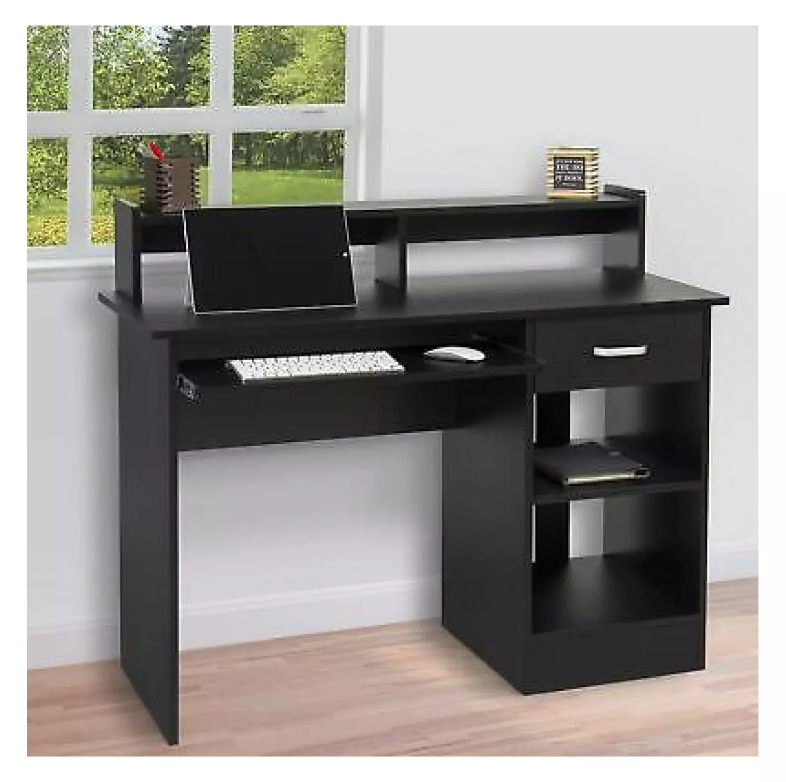 FENG20 Home Office Computer Desk Workstation Wood Laptop Table Drawer Shelf Black