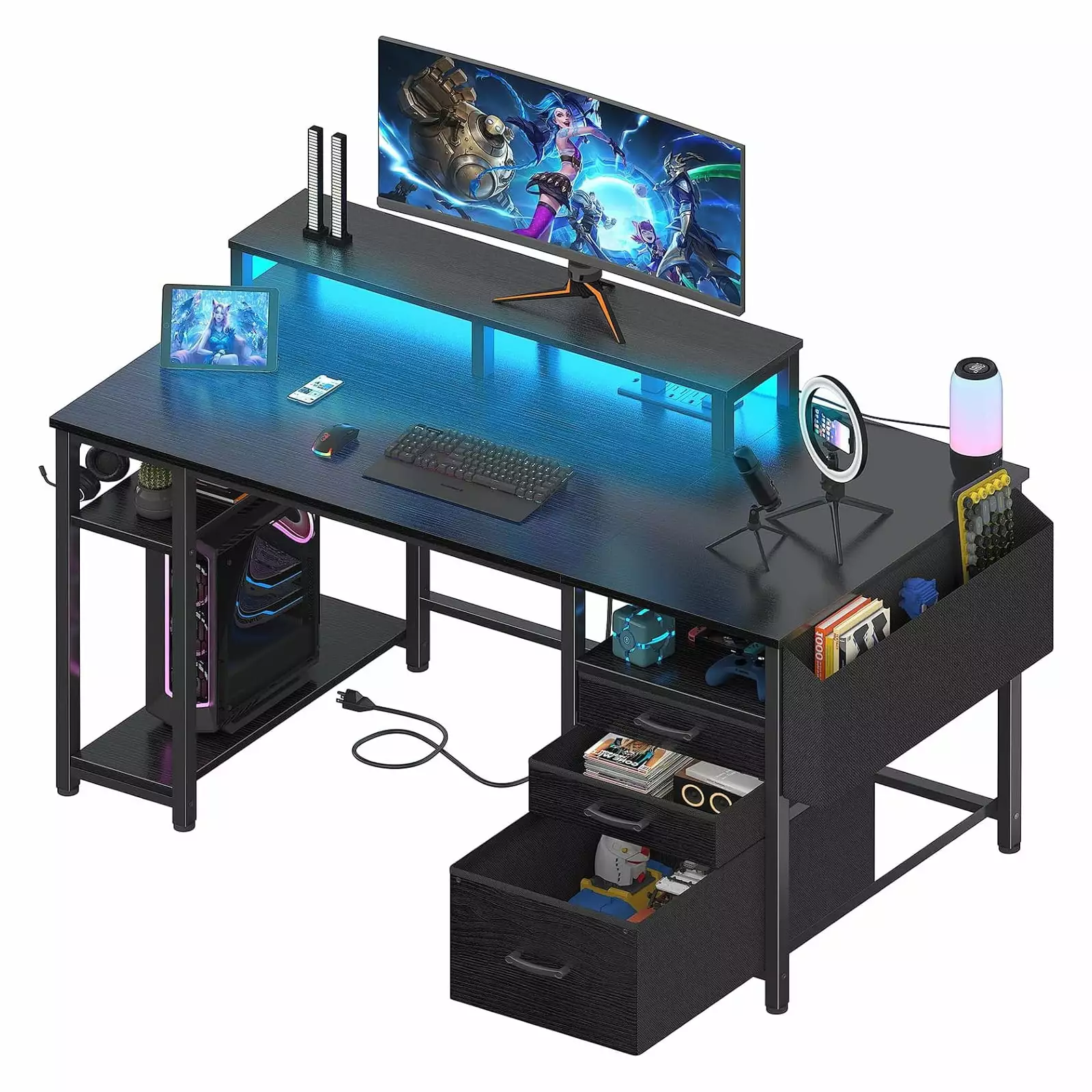WM 55 Inch Computer Desk LED Lights and Power Outlets Black Solid Wood FHWM-C