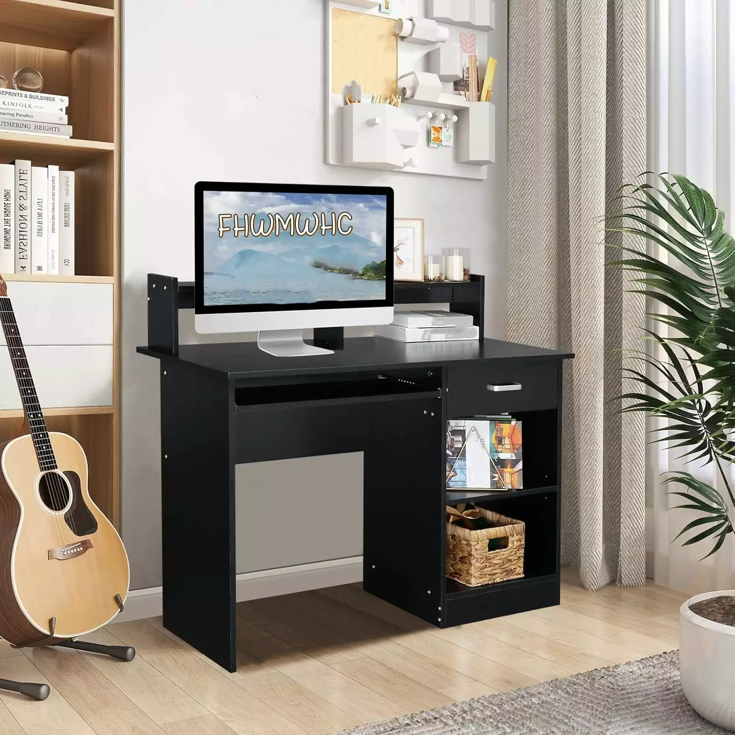 FHWMWHC Black Wooden Computer Desk Drawer and Keyboard Tray Home Office