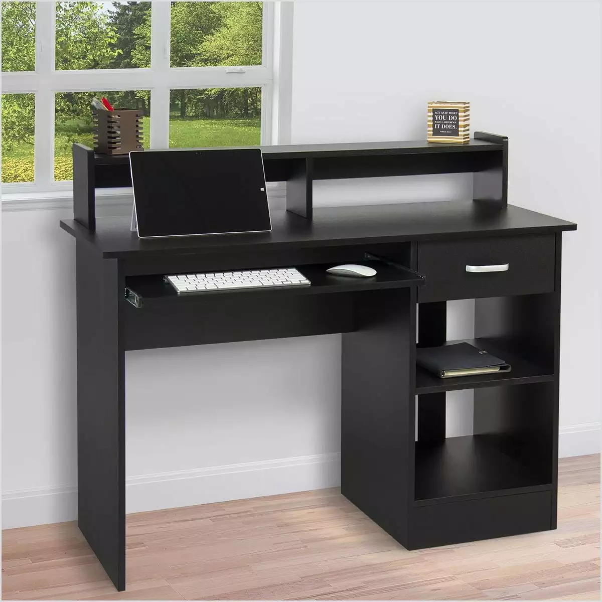 Home Office Computer Desk Workstation Wood Laptop Table Drawer Shelf Black Fivgace