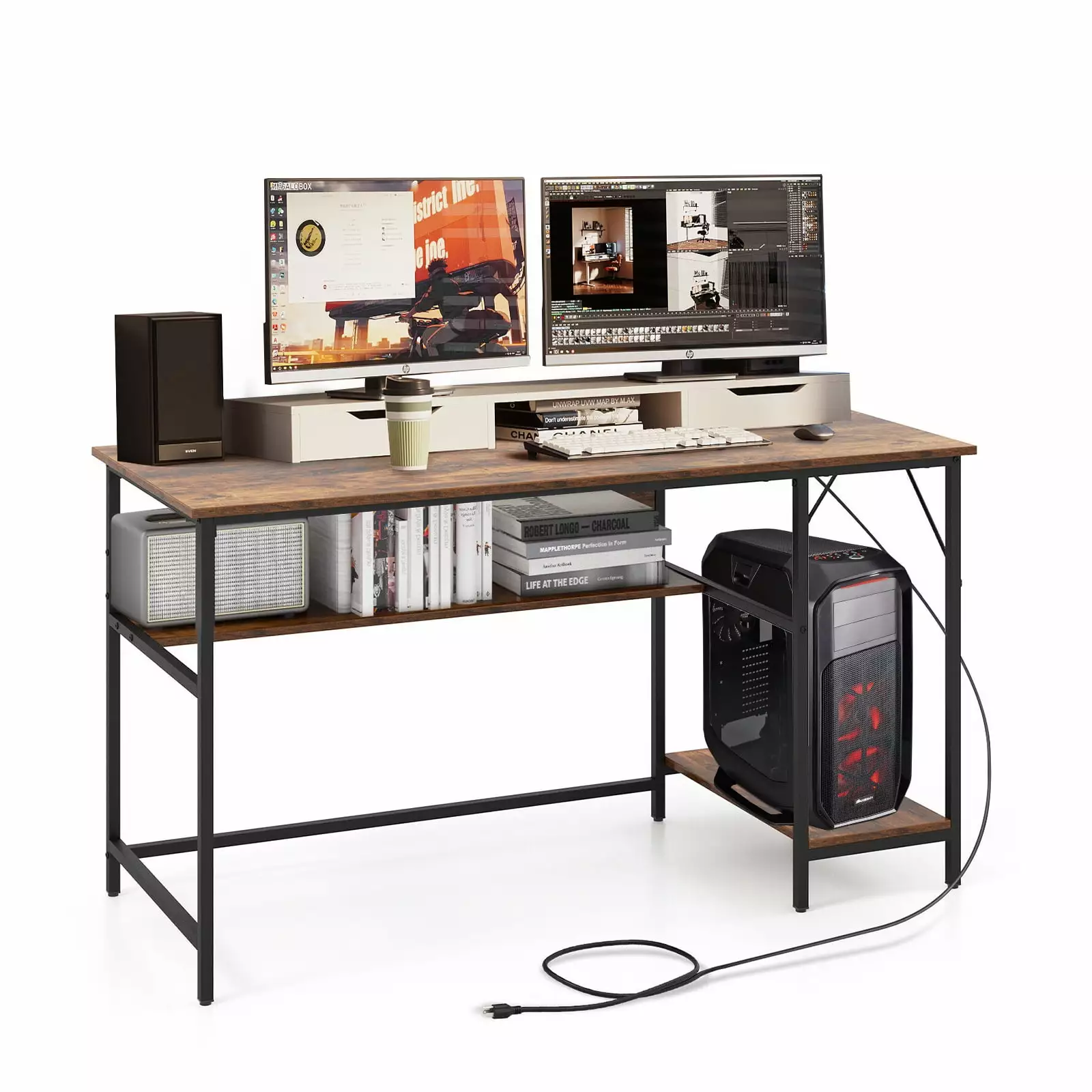FONIRRA Home Office 55 Computer Desk 4 Power Outlet USB Ports and Keyboard Tray