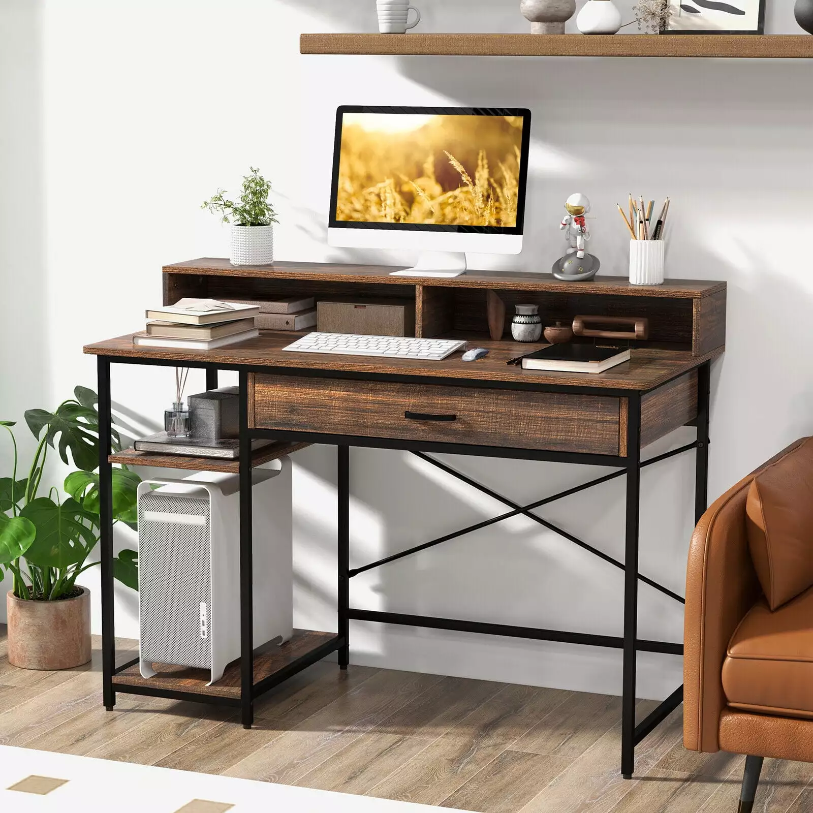 FONIRRA 48 Inch Computer Desk Drawer and Monitor Shelf Home Office Workstation Rustic Brown