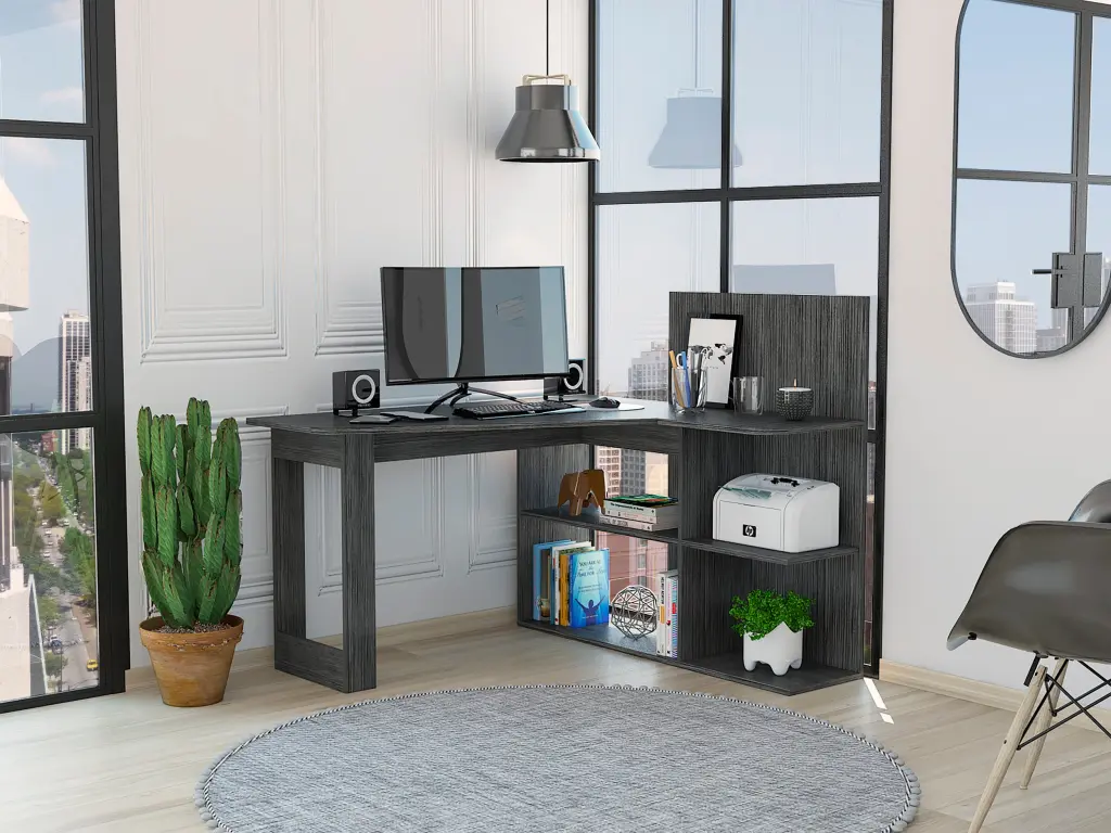 Fairfield 4 Shelf L Shaped Computer Desk Smokey Oak Gray Particle Board furniture max