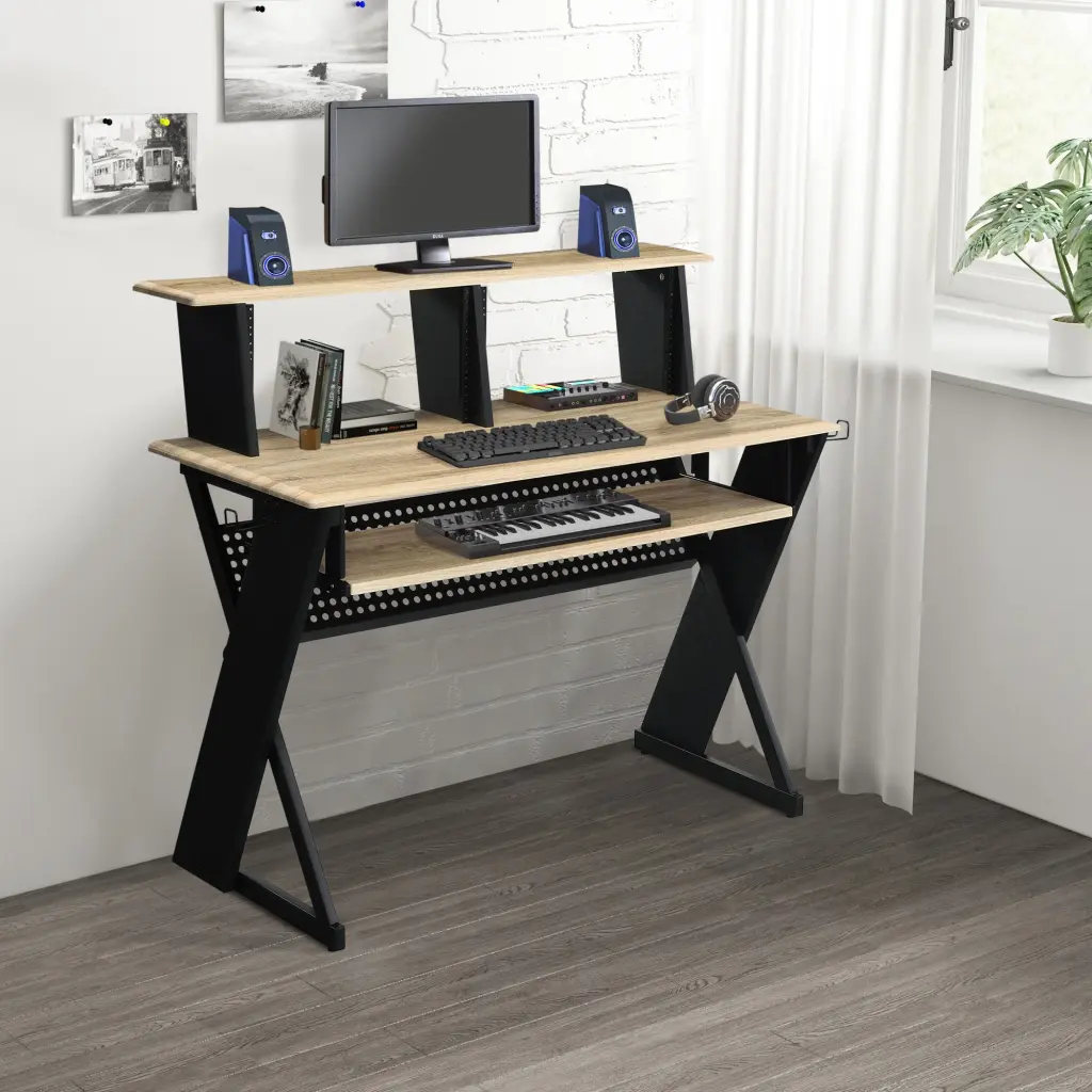 Natural And Black Music Desk Cord Management Computers furniture max
