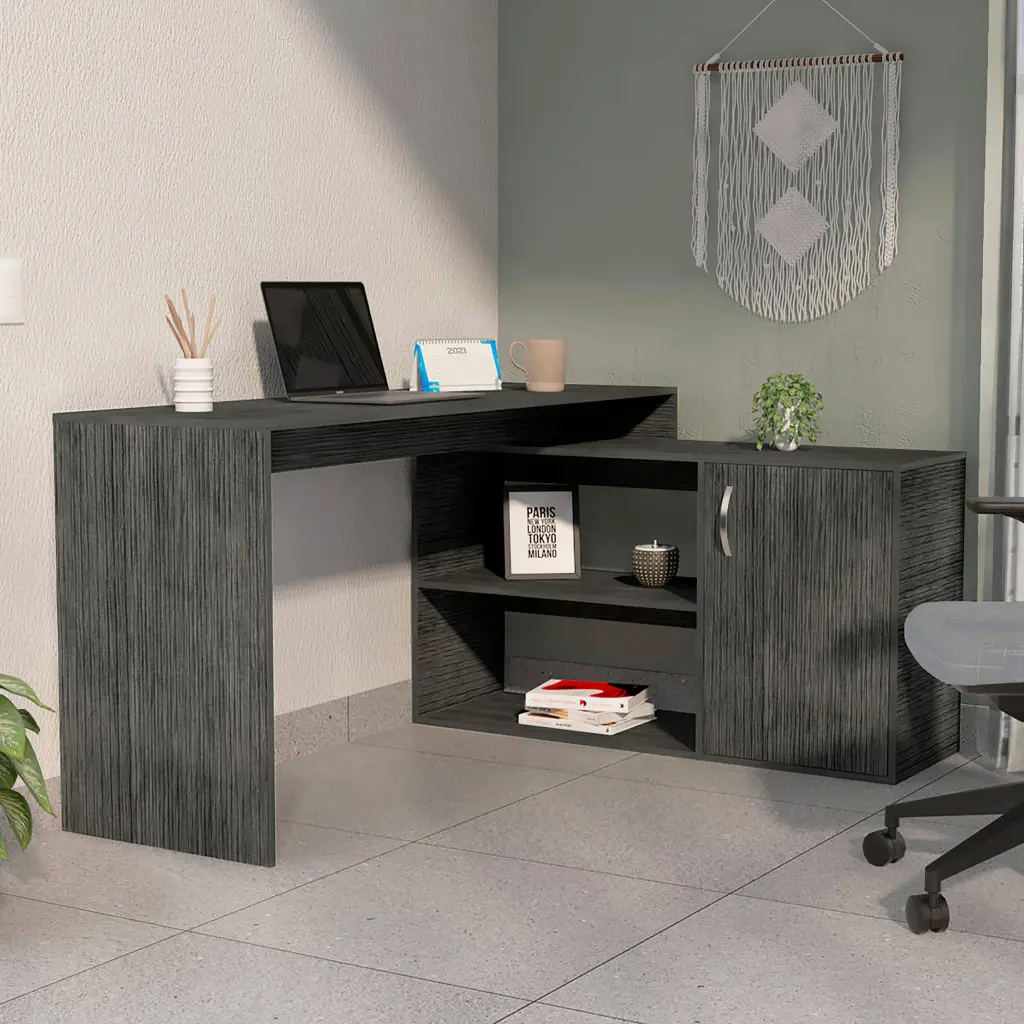 Smokey Oak L Shaped Office Desk 1 Drawer 2 Shelves Gray Particle Board furniture max