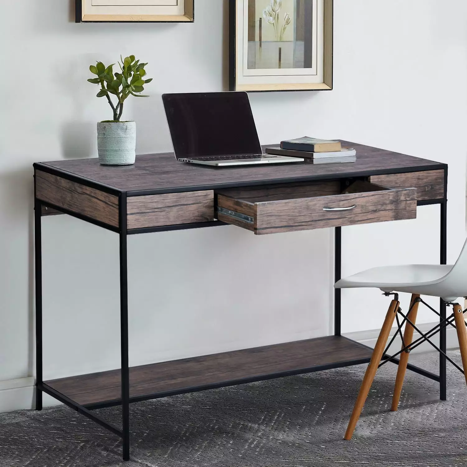 Rustic Computer Desk Drawer and Industrial Metal Legs 48 Inch Wood Look Laptop Table FurnitureR