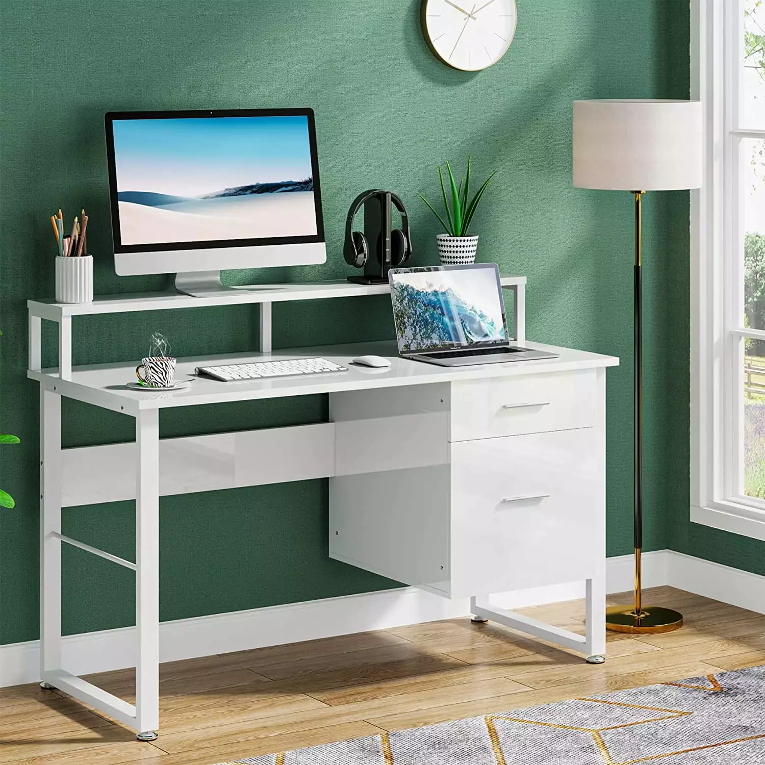 47 Inches Computer Desk 2 Drawers Modern Writing Desk Hutch White Study Desk Space Saving Gaming Table FVBHJM