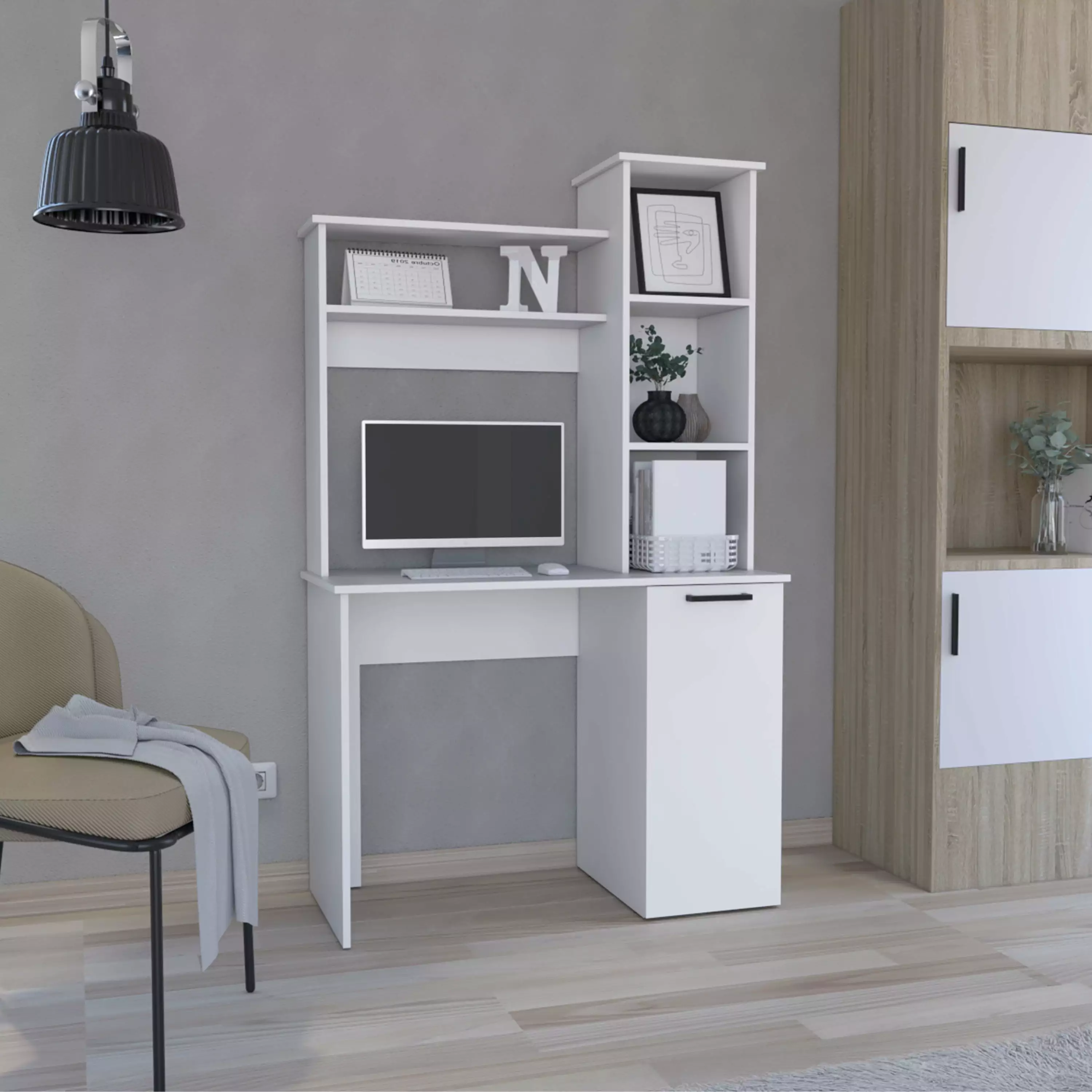 GeeHome Carson Computer Desk Hutch Single Door Cabinet and 3-Tier Storage Shelves