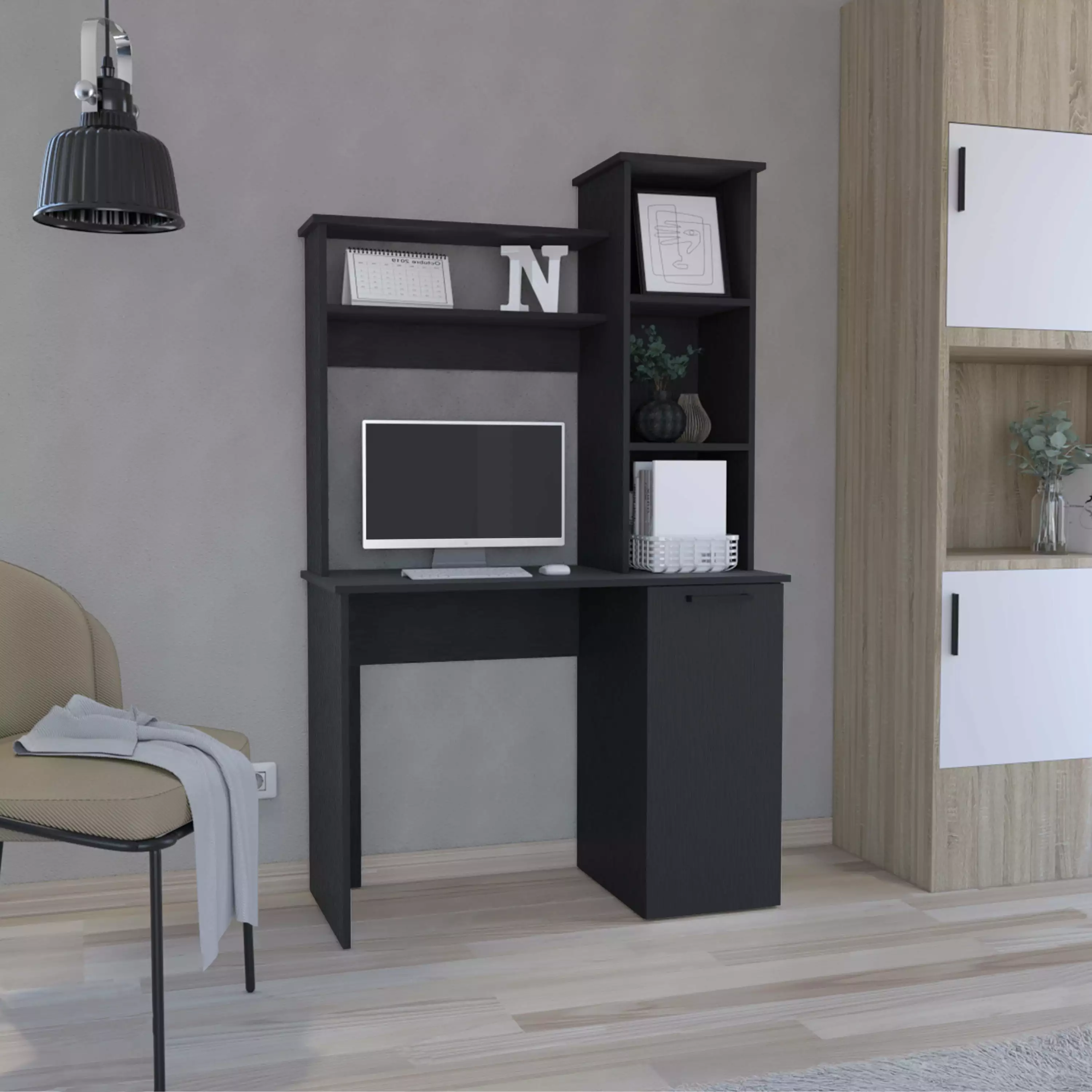 GeeHome Carson Computer Desk Hutch Single Door Cabinet Expansive Work Surface 3-Tier Storage Shelves