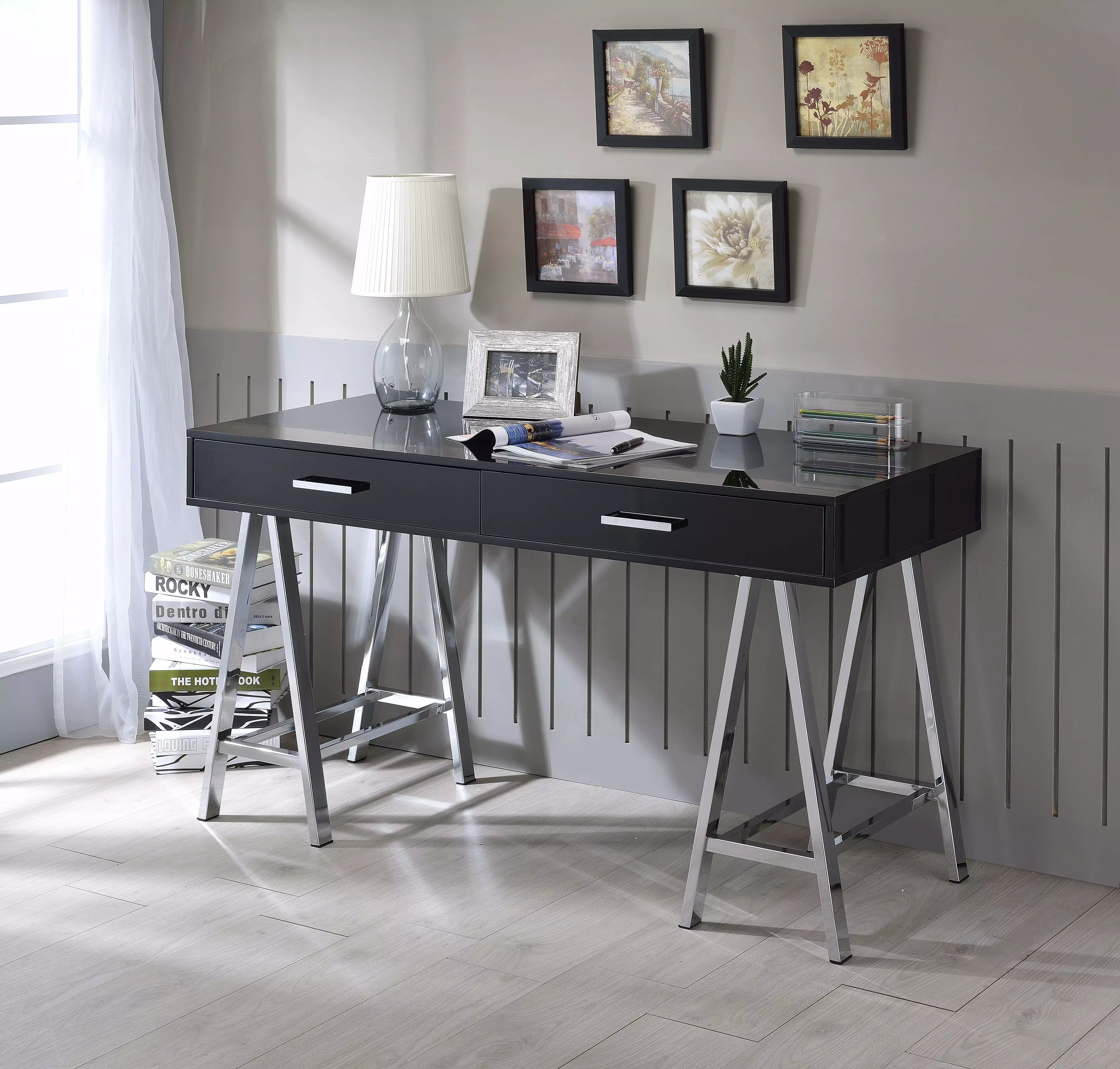 GeeHome Coleen Desk Black High Gloss Chrome Modern Office Desk