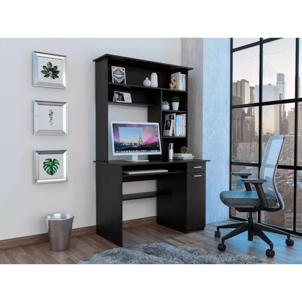 GeeHome Compu 180 Hutch Desk Multiple Shelves Keyboard Tray CPU Panel and One Drawer Black