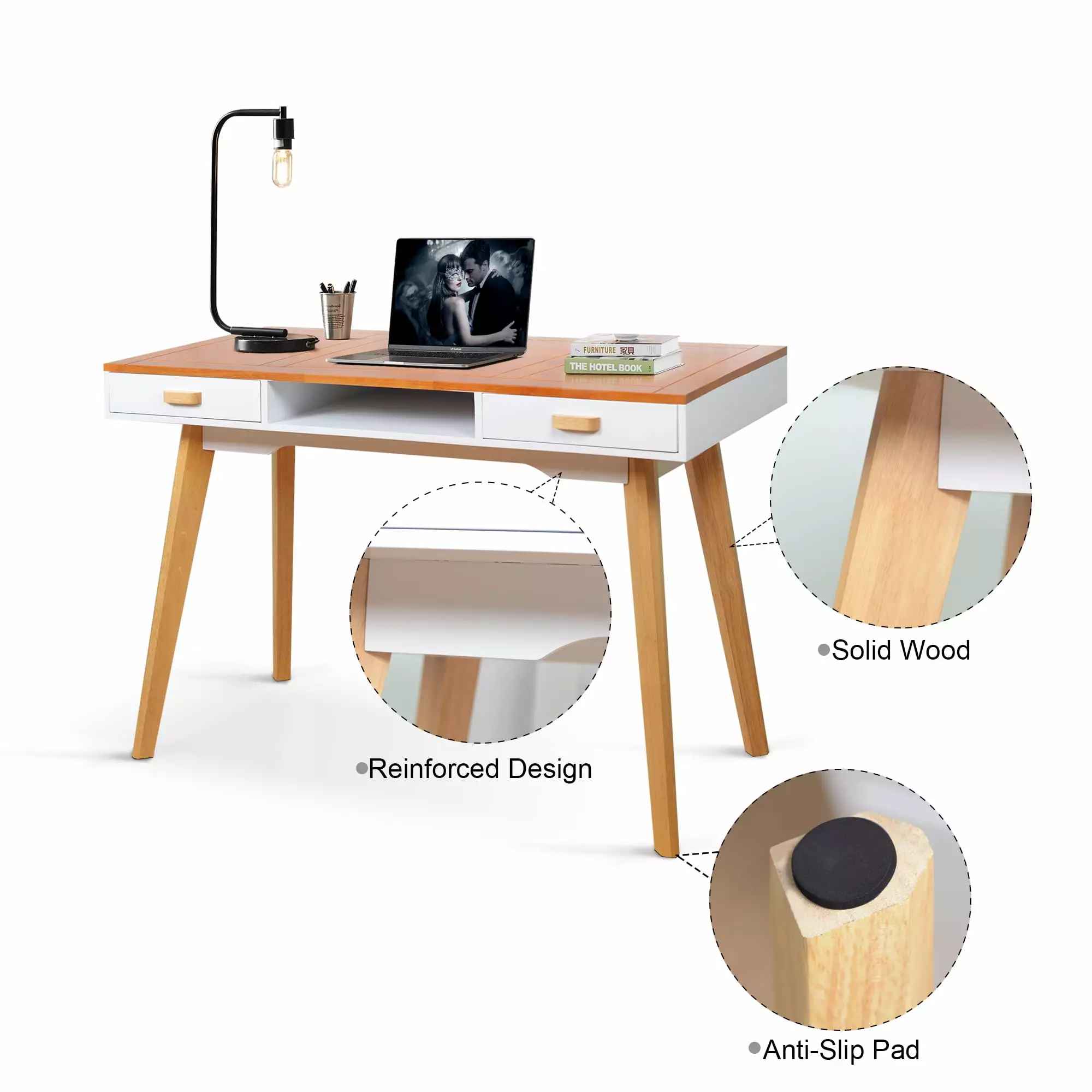 GeeHome Double Drawer Solid Wood Computer Desk Spacious Home Office Desk