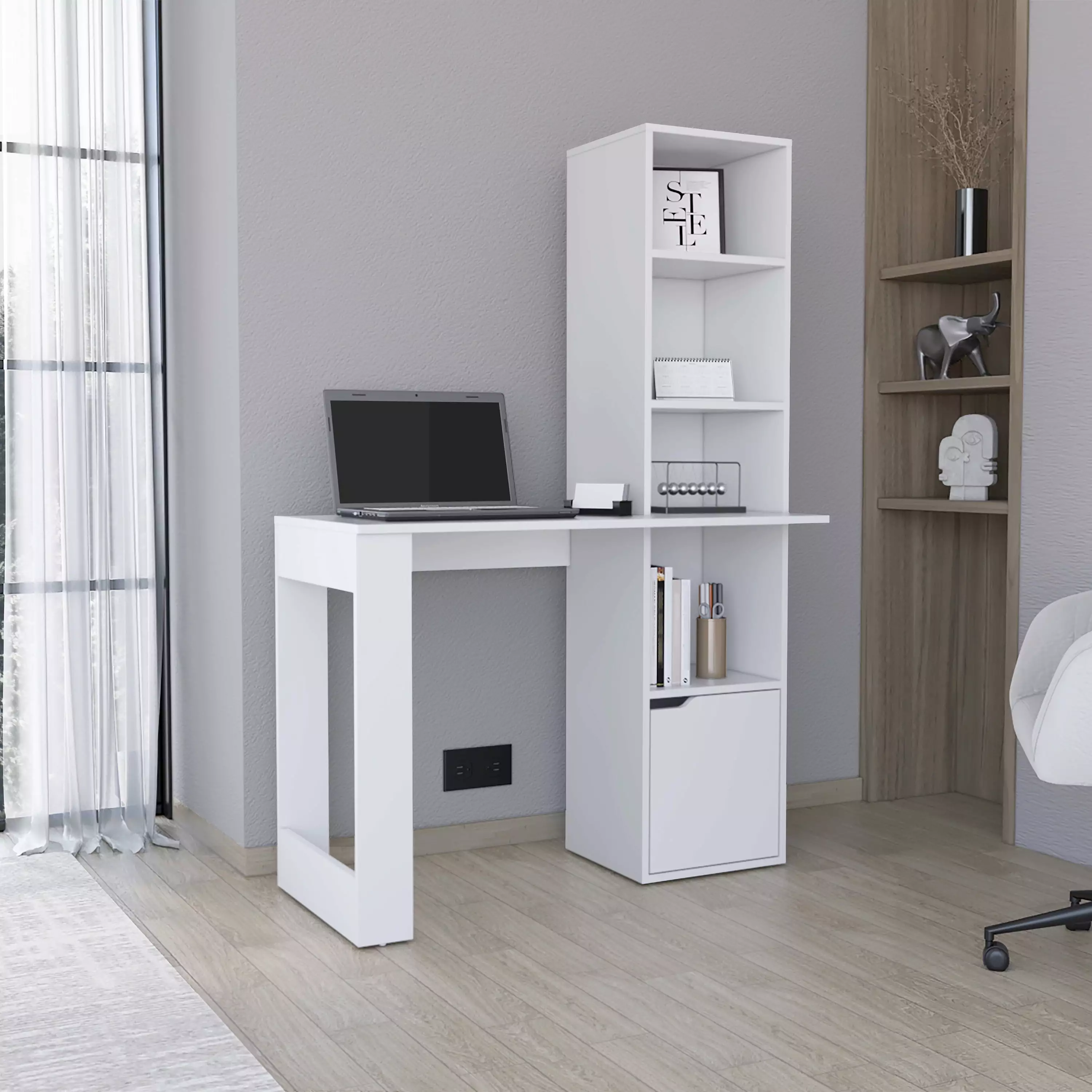 GeeHome Iowa Computer Desk 1-Cabinet and 4-Tier Bookcase