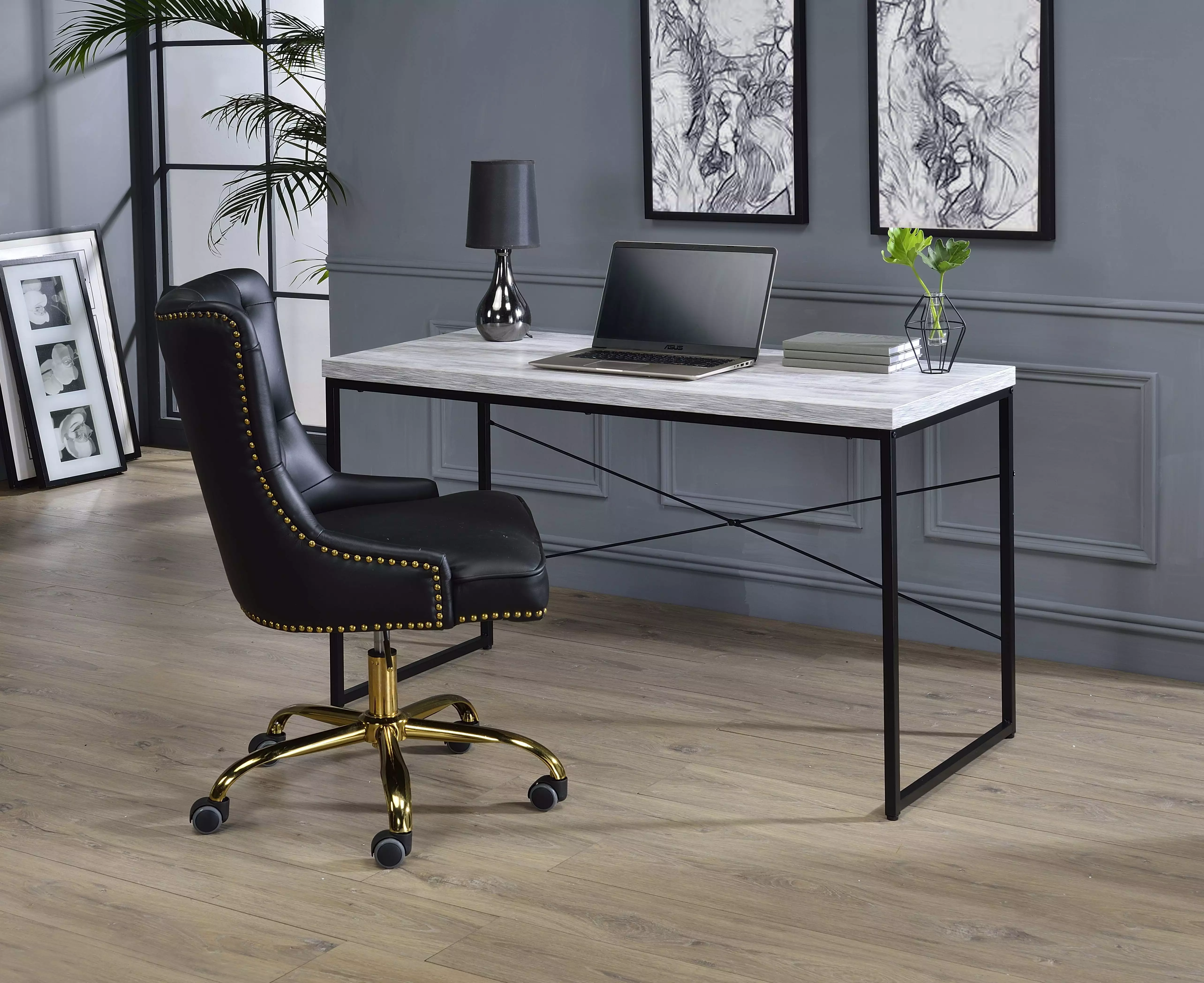 GeeHome Jurgen Desk Antique White Black Modern Office Desk