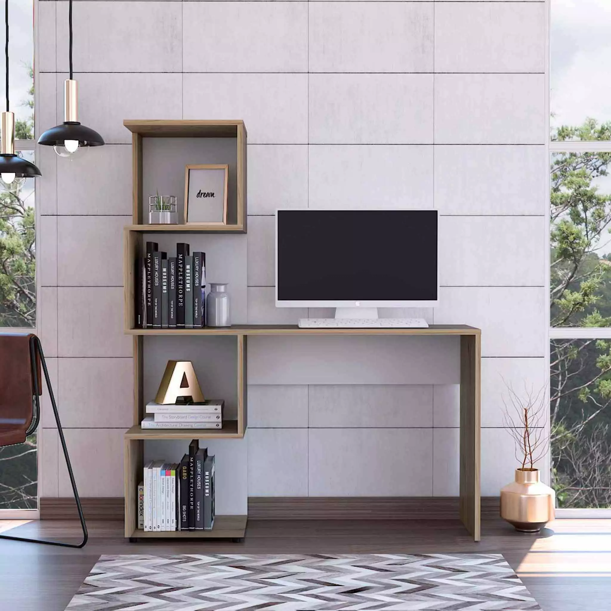 GeeHome Lincoln Computer Desk Bookcase and 4 Storage Shelves