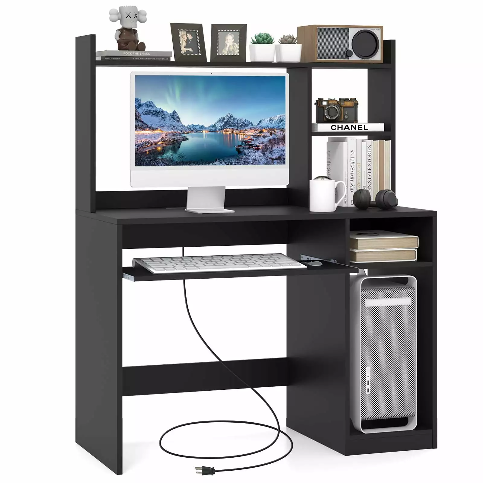 Giantex Bookshelf Study Writing Storage Shelves Wood Laptop Table Keyboard Tray Charging Station Hutch Computer Desk